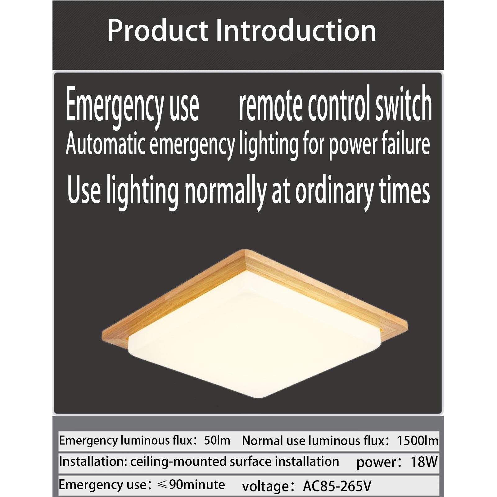 Lámpara de techo de emergencia con control remoto, continuará la luz durante 90 minutos después de la falla de la alimentación, la carcasa de madera maciza de atenuación continua (Size : Medium)