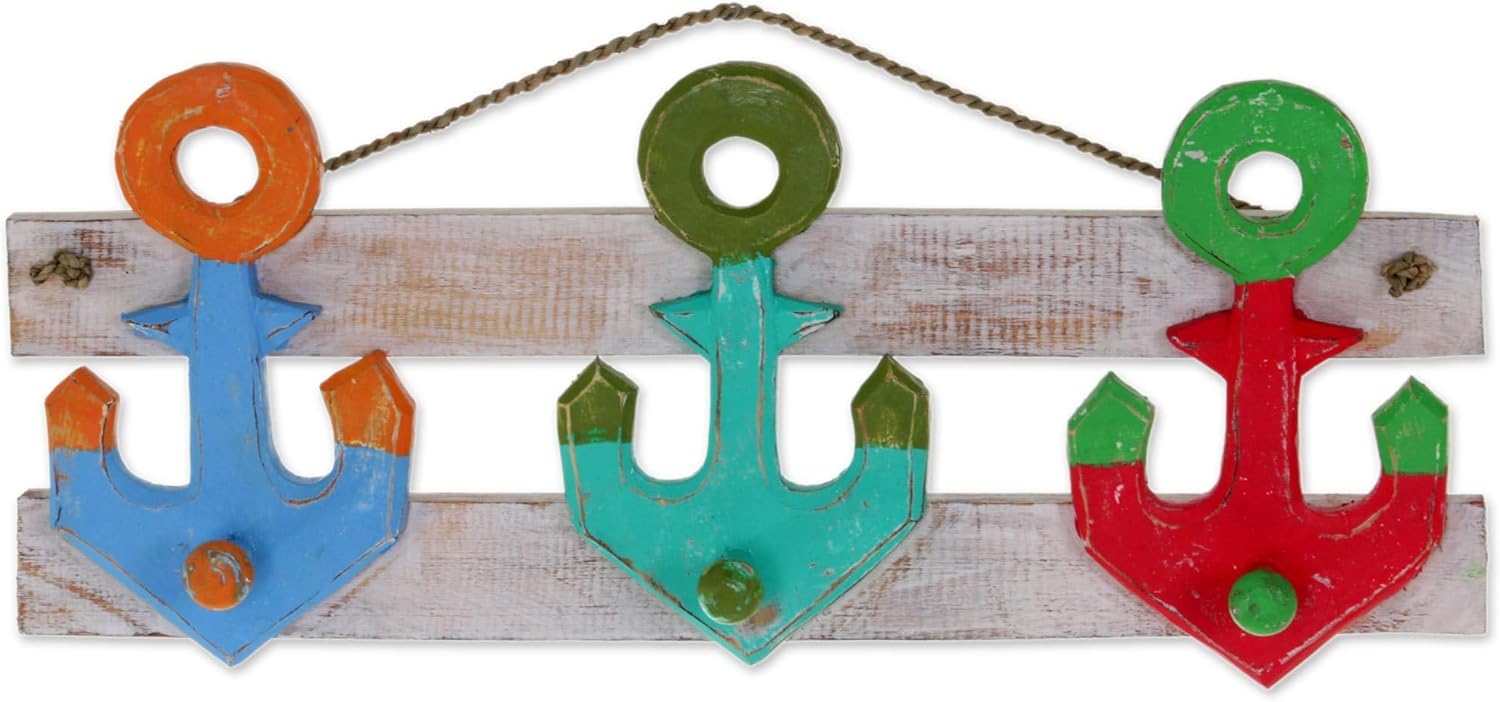 NOVICA Artisan Crafted Albesia Wood Nautical Coat And Purse Rack With Agel Grass Cord, 'Three Anchors'