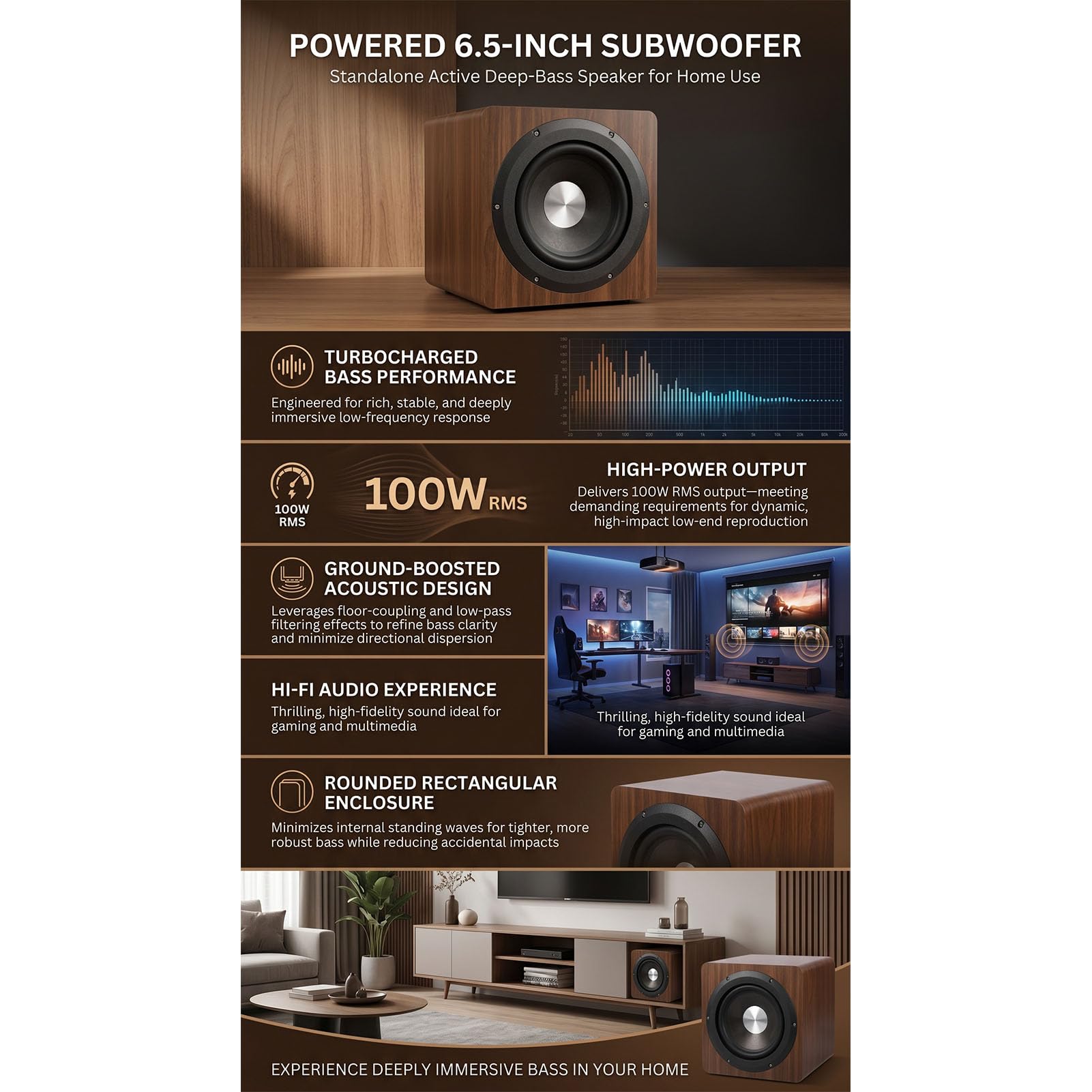 Garsent Subwoofer Amplificato con Altoparlante da 6,5 ​​pollici e Cabinet con Venature del Legno, Subwoofer Attivo per Bassi Profondi con 100 W RMS, Indipendente per TV per (Spina europea)