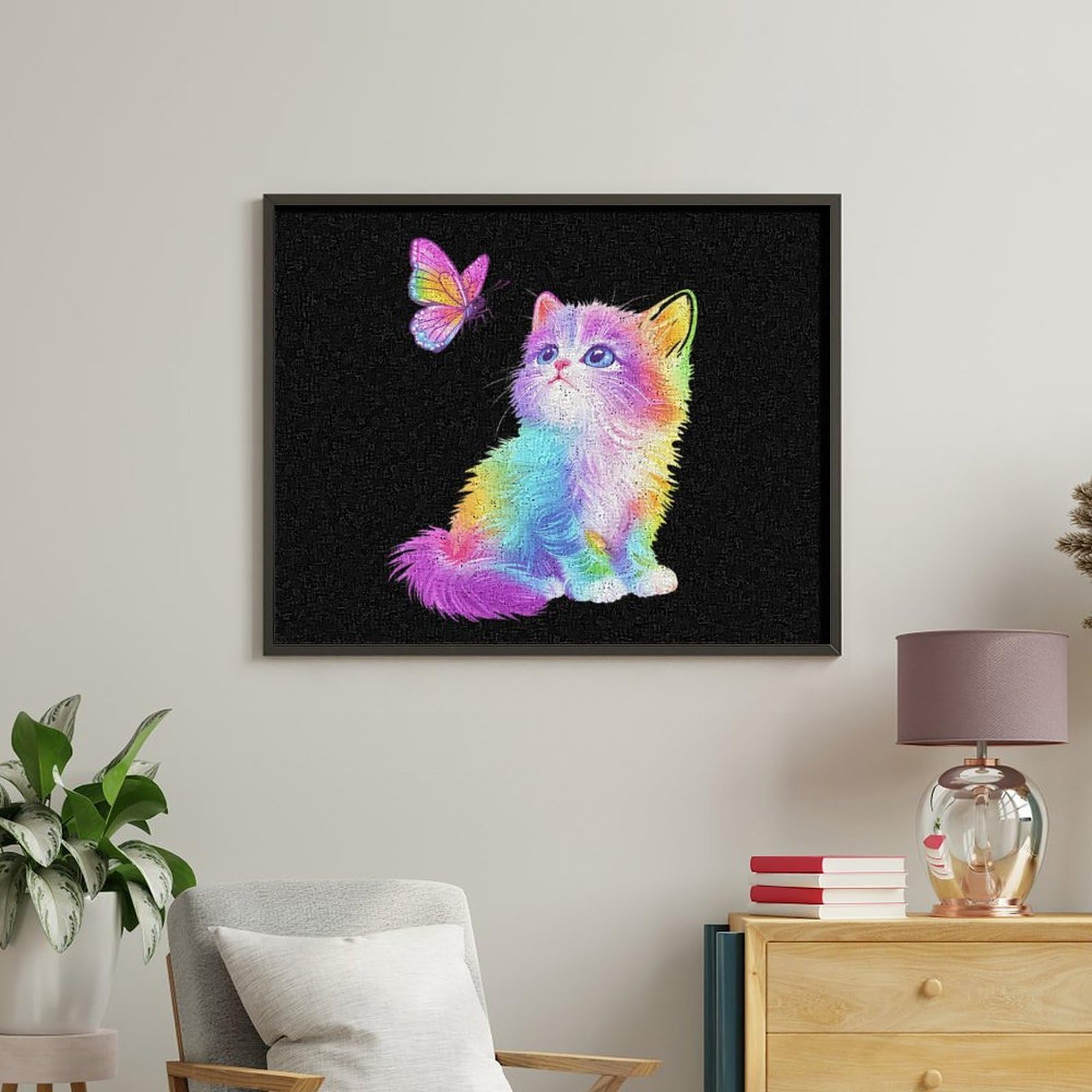 Malen nach Zahlen, Motiv: Katze mit Schmetterling, lustiges Malen-nach-Zahlen-Set für Erwachsene, Baumwolle, digitales Ölgemälde, Heimdekoration, Geschenk, 60 x 75 cm