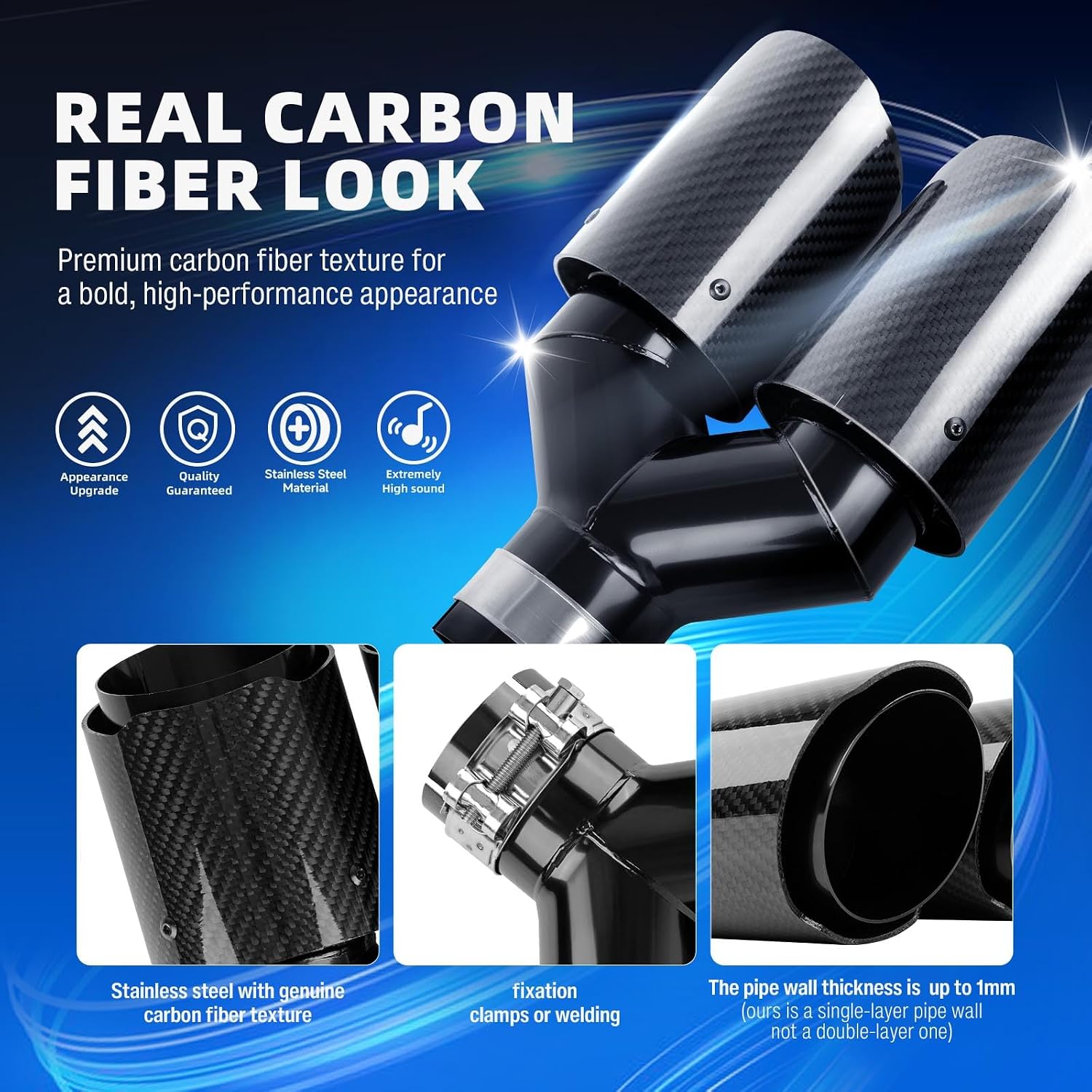Carbon Fiber Dual Exhaust Tip 2.5" Inlet 4" Outlet 10" Length Polished Stainless exhaust Tailpipe Tip Compatible with Dodge Challenger Chevrolet Camoro Ford Mustang Honda Civic M3