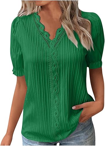 Camisetas de manga corta de verano con cuello dividido, casual, irregular, con volantes, diseño de manga abombada, vintage, gráfico, floral, para