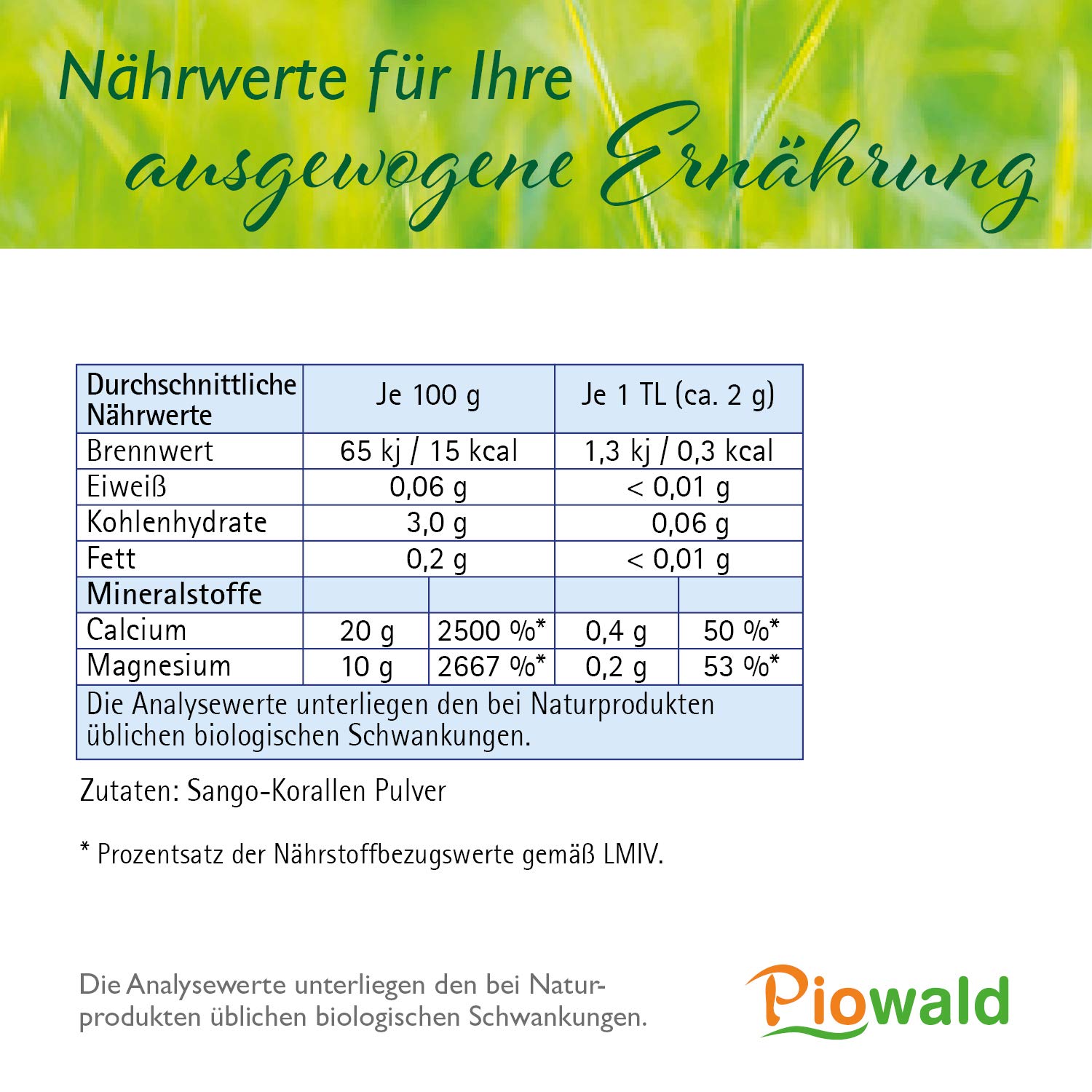 Piowald Sango Vital - Sango Meeres Koralle - 1 kg Pulver | mit Calcium und Magnesium