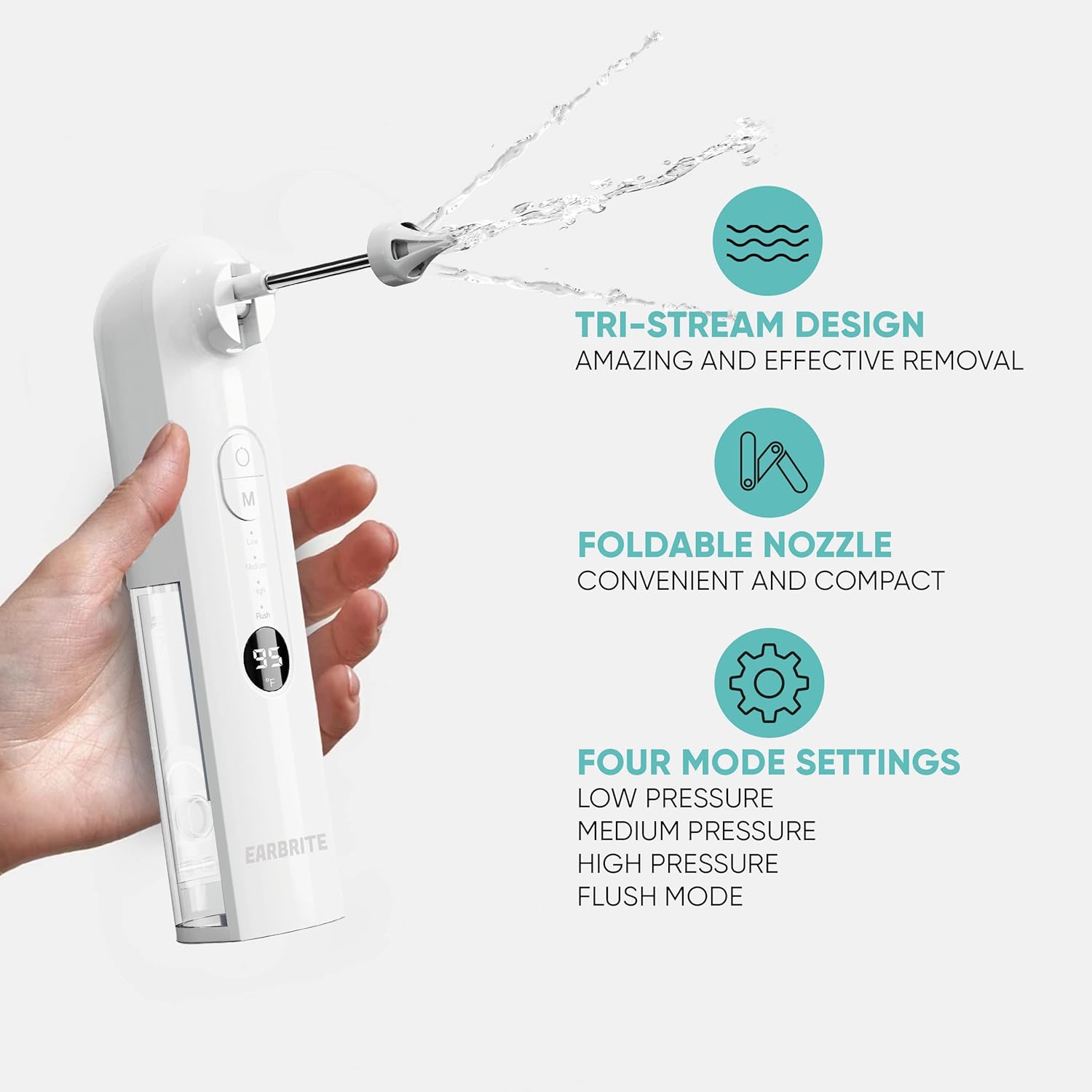 Water Powered Ear Cleaner - Ear Wax Removal Tool - Earwax Washer Lavage Kit - Safe & Effective Inner Ear Flusher Irrigation System - Electric Triple Jet Stream with 4 Pressure Settings