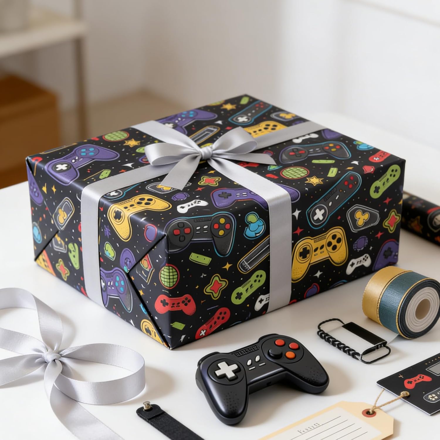 Cuitpan Gaming Wrapping Paper - 4 Jumbo Sheets, 28 * 40 Inches, Video Game Console and Black Starry Sky Design, for Boys Birthday, Gaming Party & Holiday Gifts image 5