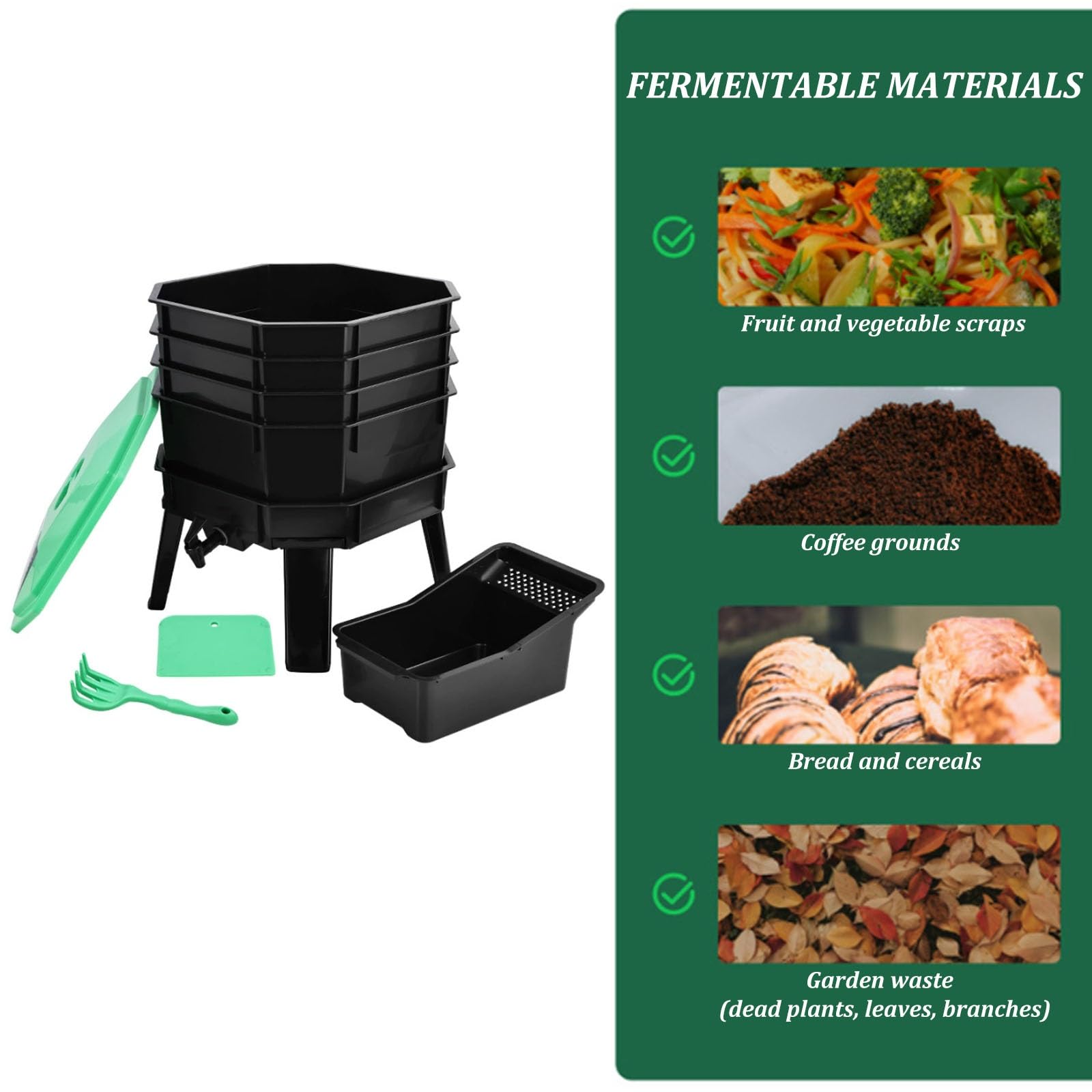 Cubo de basura para compostaje de gusanos de 80 L, 5 bandejas para reciclaje de residuos de alimentos al aire libre con sistema de drenaje eficiente para jardinería sostenible