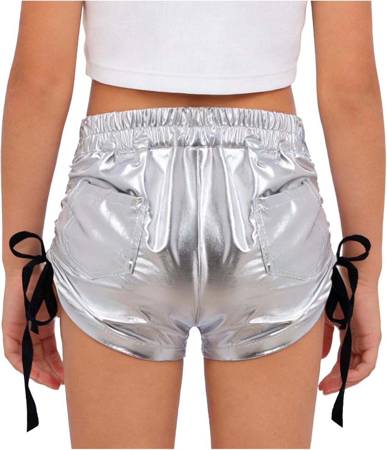 Kids Girls Shiny Metallic Dance Shorts Drawstring Gymnastics Class Shorts Modern Dance Costume