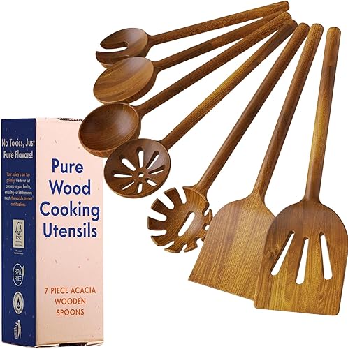 Cucharas de madera no tóxicas para cocinar juego de utensilios de cocina de 7 piezas, sin pegamento y de una pieza, juego de utensilios de madera