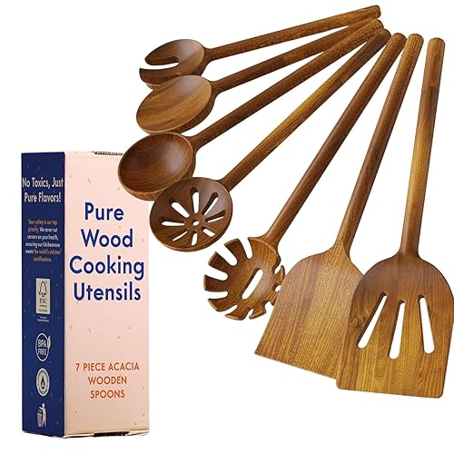 Non-Toxic Wooden Spoons for Cooking- 7-Piece Kitchen Utensils Set, Glue-Free & One-Piece Cooking Utensils, Natural Wooden Utensil Set with Plant-Based Finish, Free of Forever Chemicals
