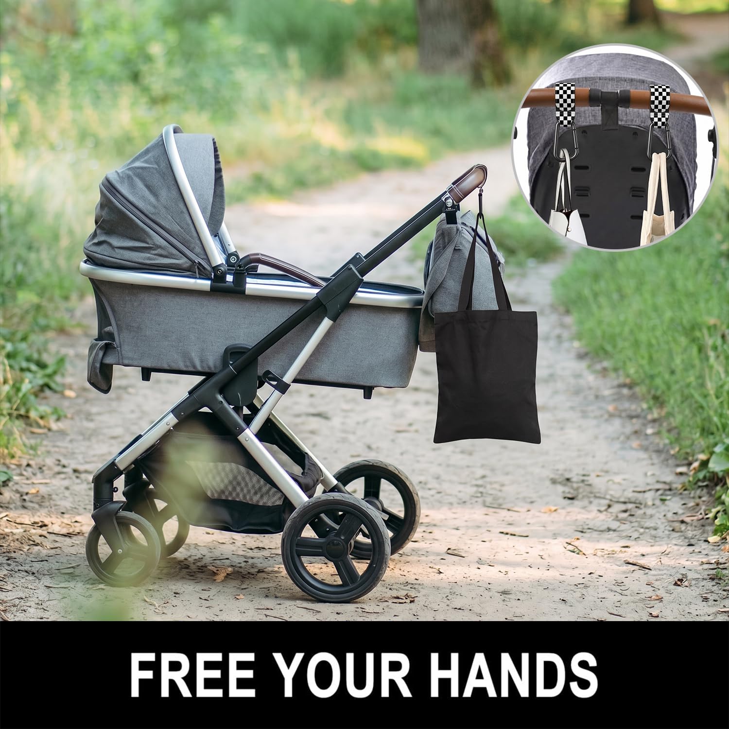 Baby Stroller Hooks for Hanging Bags, Universal Stroller Clips Accessories, Mommy Hook for Diaper Bag, Shopping Cart, Purse, Backpack - 2 Pack, Black White Checkered image 2