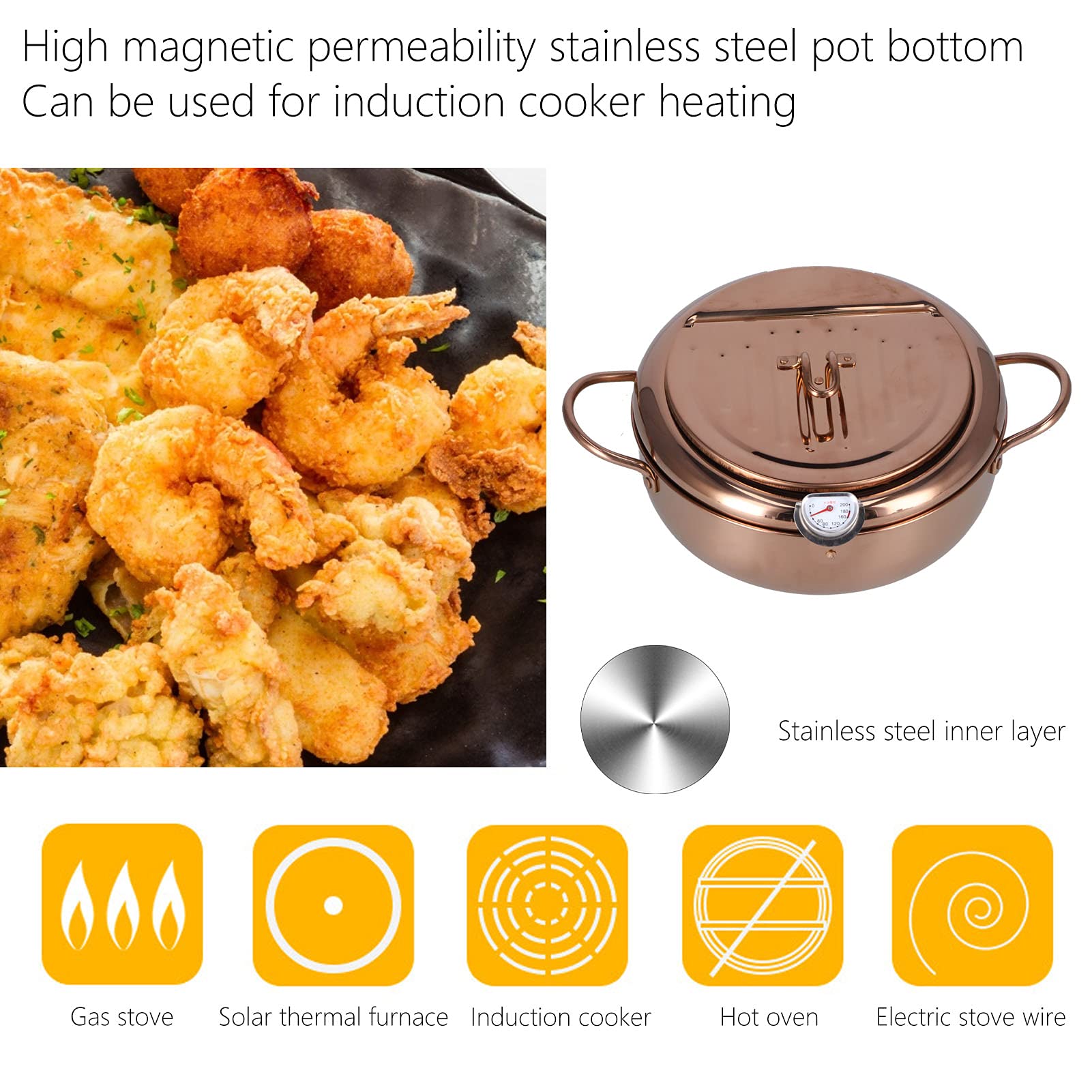 Deep Fryer Pot with Basket, Stainless Steel Deep Fryer Pot with Thermometer Kitchen Cookware Accessory for French Fries Chicken Wings 3.2L (Rose Gold)