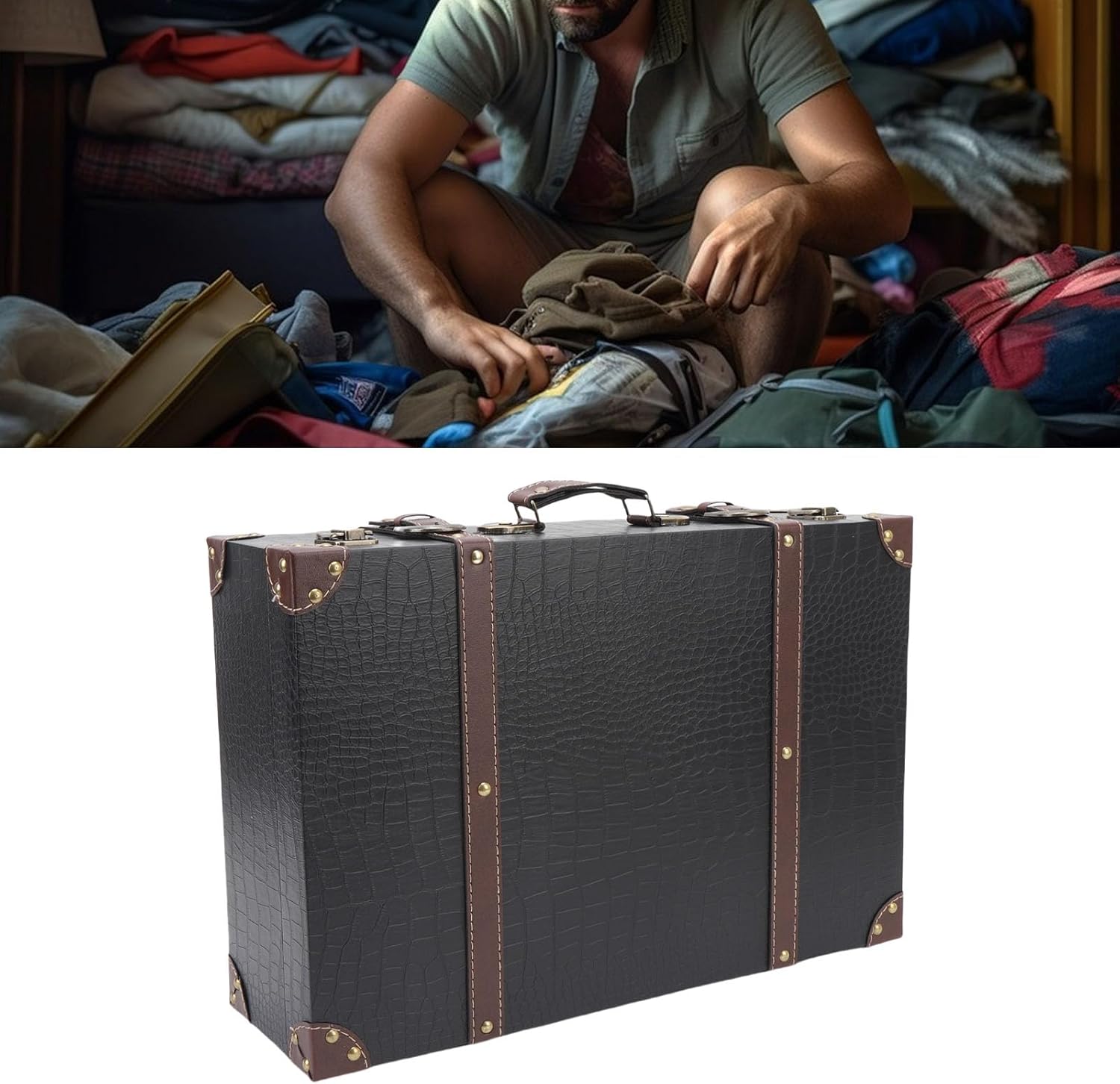 Wooden Vintage Suitcase, Old Fashioned Travel Suitcase, Decorative Style, Retro Storage, Decoration of Vintage Luggage, Birthday Suitcase, Wedding, Photography Accessories (Black)