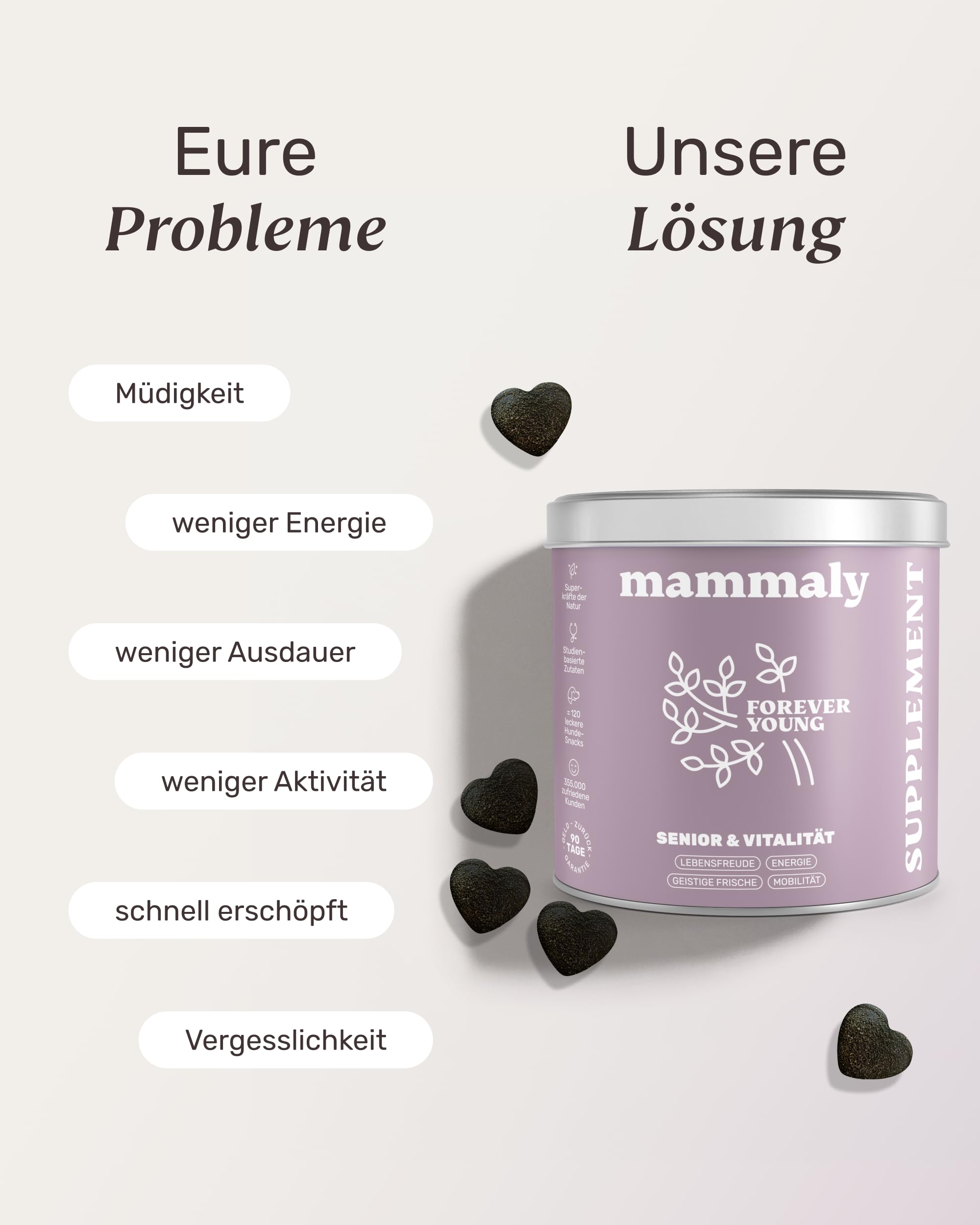 6-in-1 Vital-Komplex für Senior Hunde - Forever Young 120 Snacks (350g) von mammaly - Mit Ginko, Kurkuma, Bierhefe, Kollagen, L-Carnitin & Mikroalgen für den Alten Hund