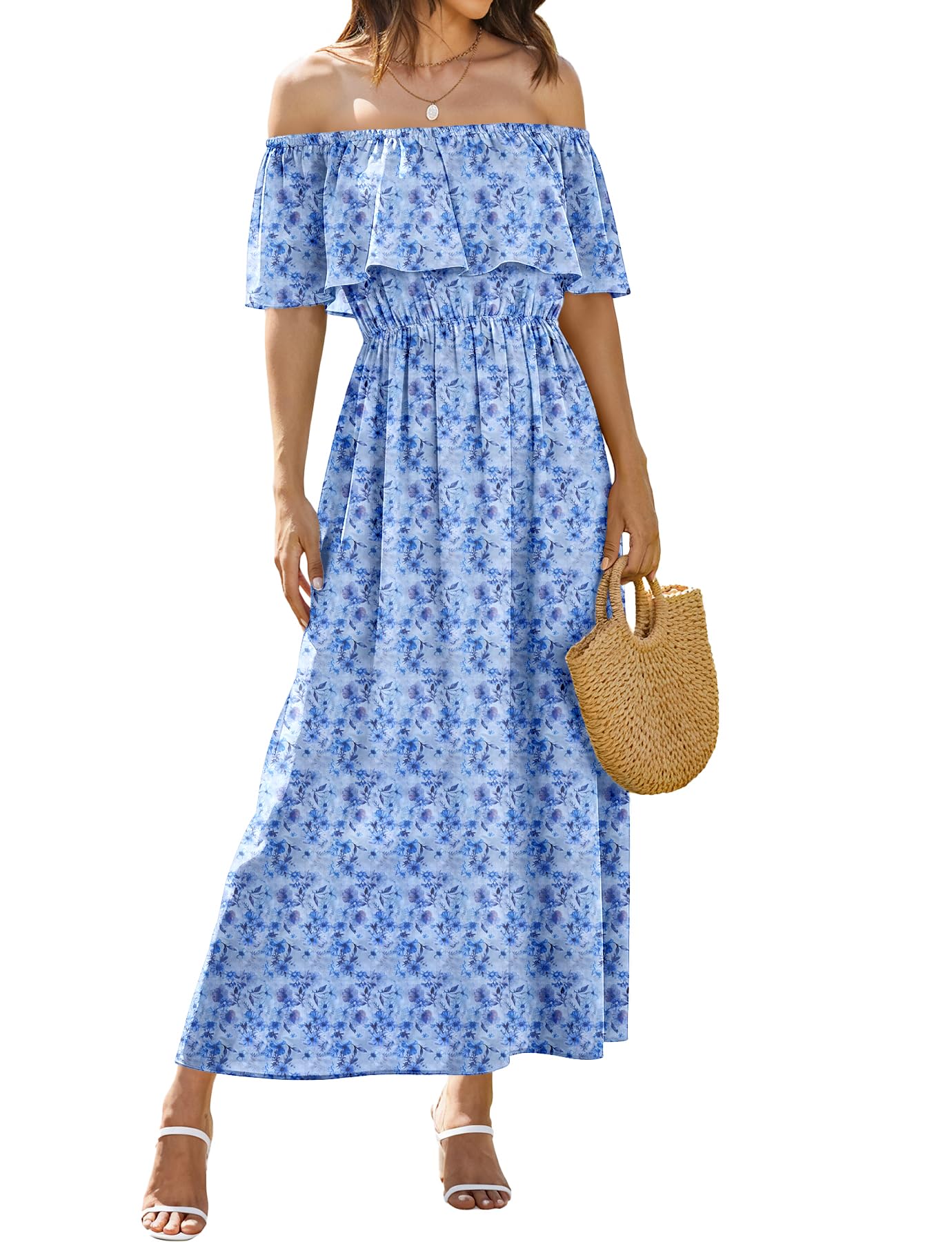 Bluetime Womens Maxi Dress Off Shoulder Floral Print Boho Beach Long Summer Dresses