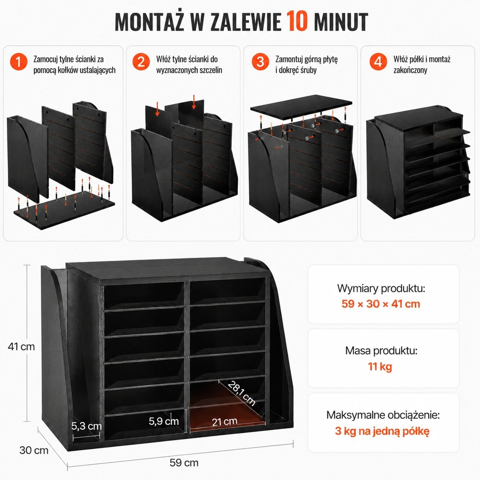 Czarny organizer z płyty wiórowej na dokumenty, 12 przegródek i pionowa sekcja na teczki, do biura, klasy, akt, książek oraz papieru