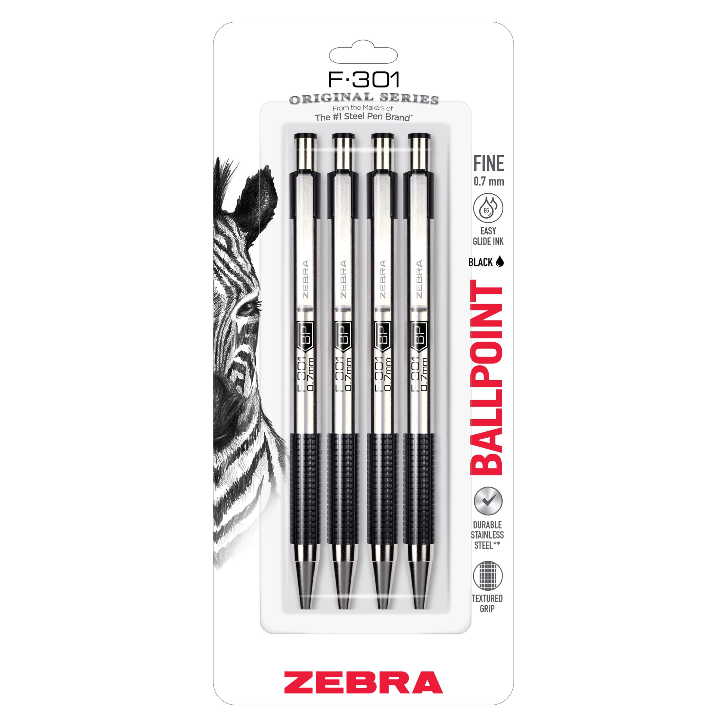 Zebra F-301 stainless steel fine point 0.7mm ballpoint pen 4-pack