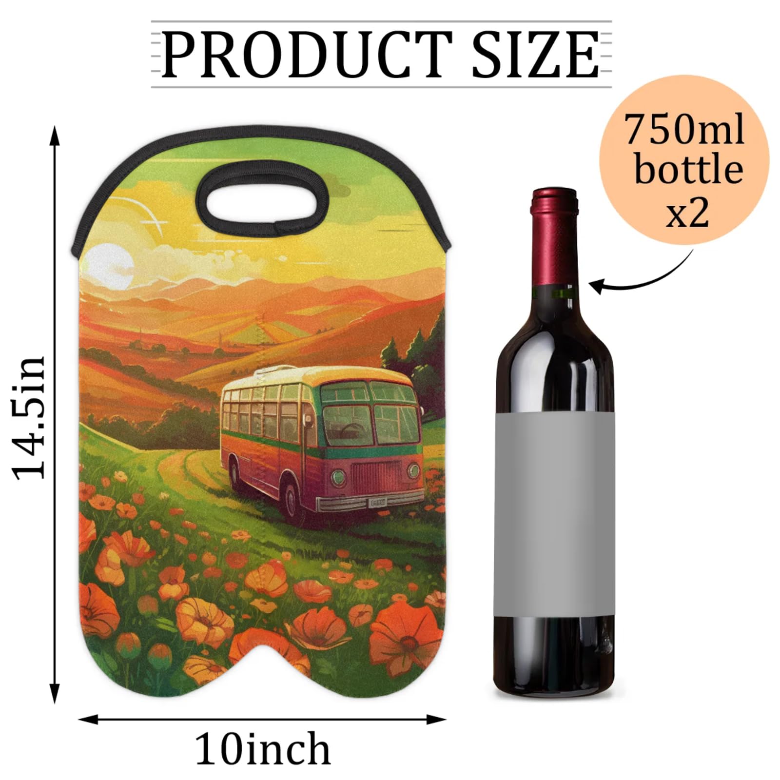 GzLeyigou 2 Bottles Bus in Field Wine Bag Sleeve Totes Spring Neoprene Protective Wine Carrier Bag for Wine,Water, Champagne, Beer, Baby Bottles,Gift 14.5 x 10 Inches