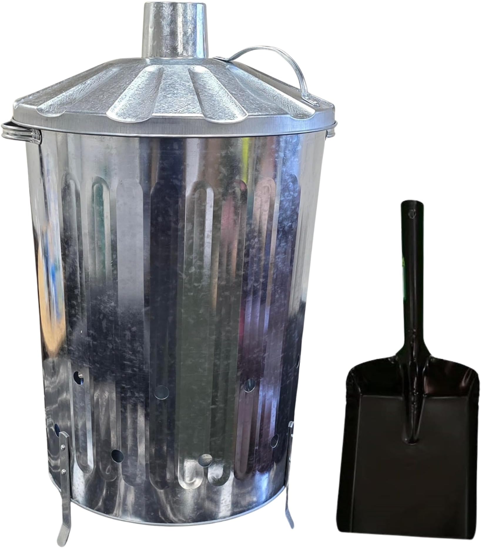 Srendiยฎ 90L Litre Metal Galvanised Garden Incinerator Fire Bin Burning Leaves Paper Wood Rubbish Dustbin with Wooden Handle Shovel FREE Made In U. K.