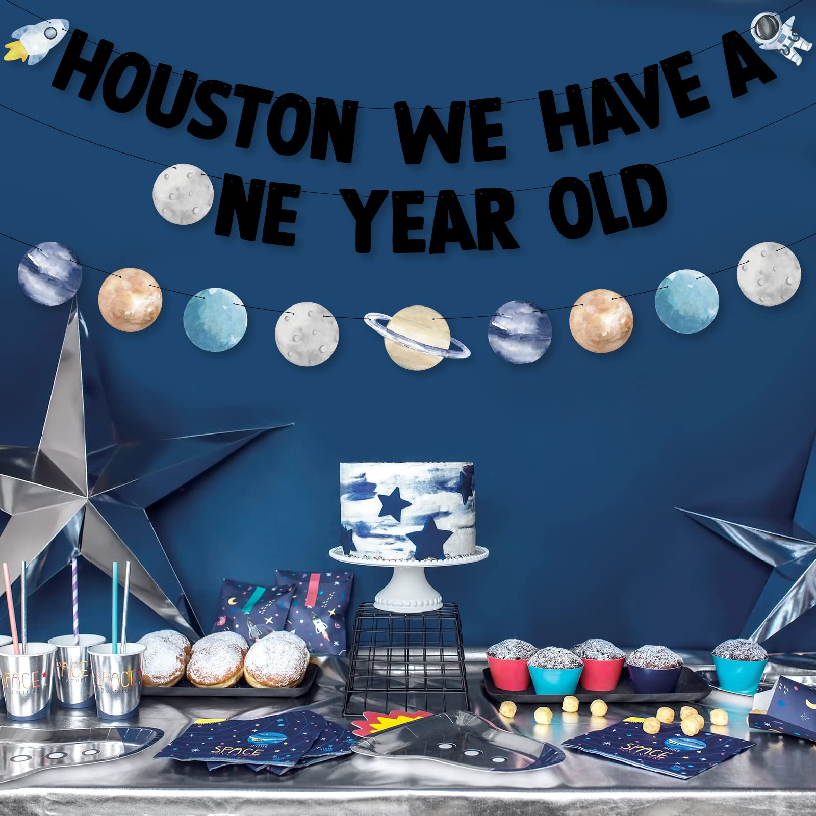 Outer Space First Birthday Banner - "Houston We Have A One Year Old" Decor With Rockets & Planets For Boy's 1st Birthday - View #2