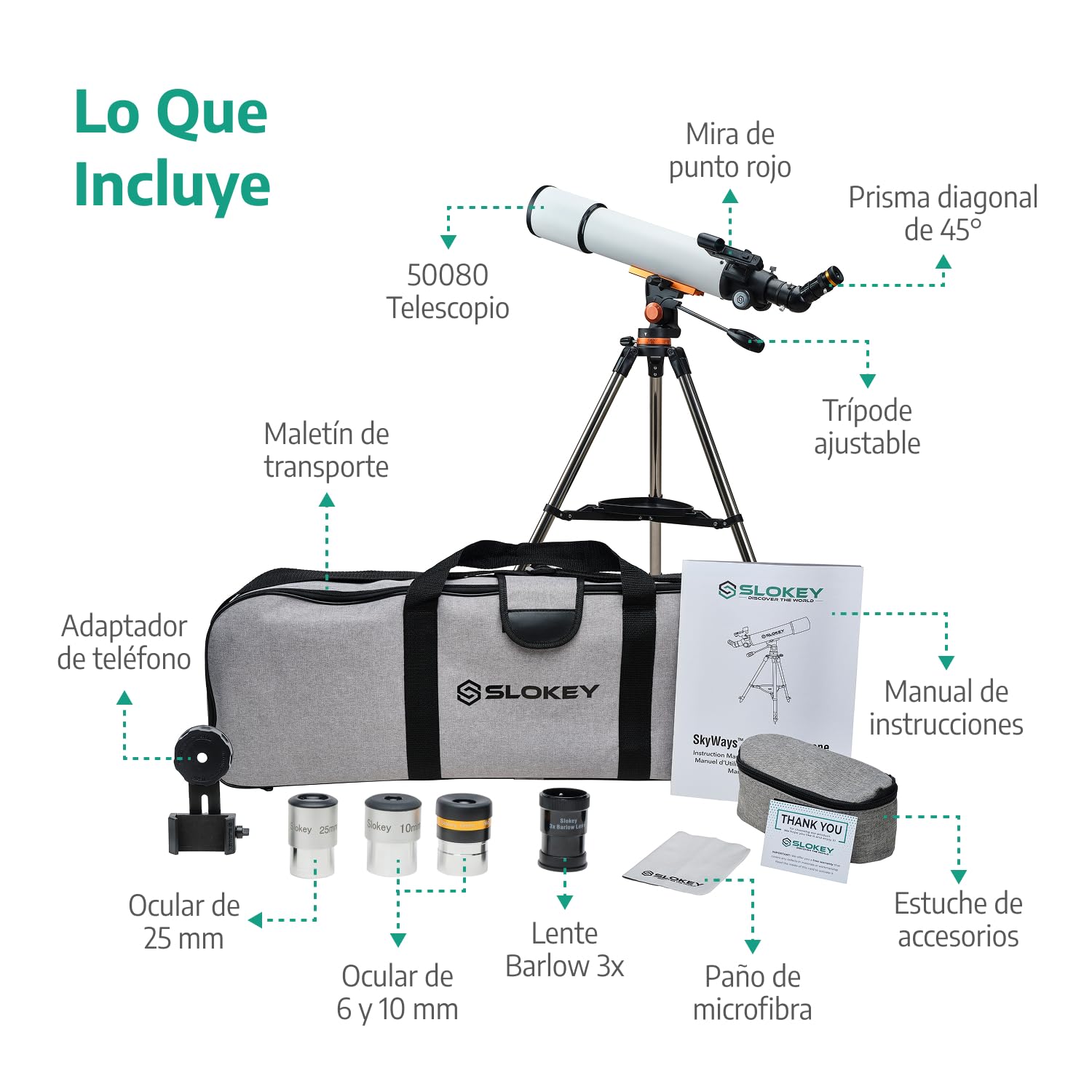 Slokey 50080 Telescopio Terrestre y Astronómico Refractor 25x-250x - Telescopio Portátil 80 mm para Niños y Principiantes - Observación de Estrellas Luna, Planetas, Incluye Trípode de Acero Inoxidable