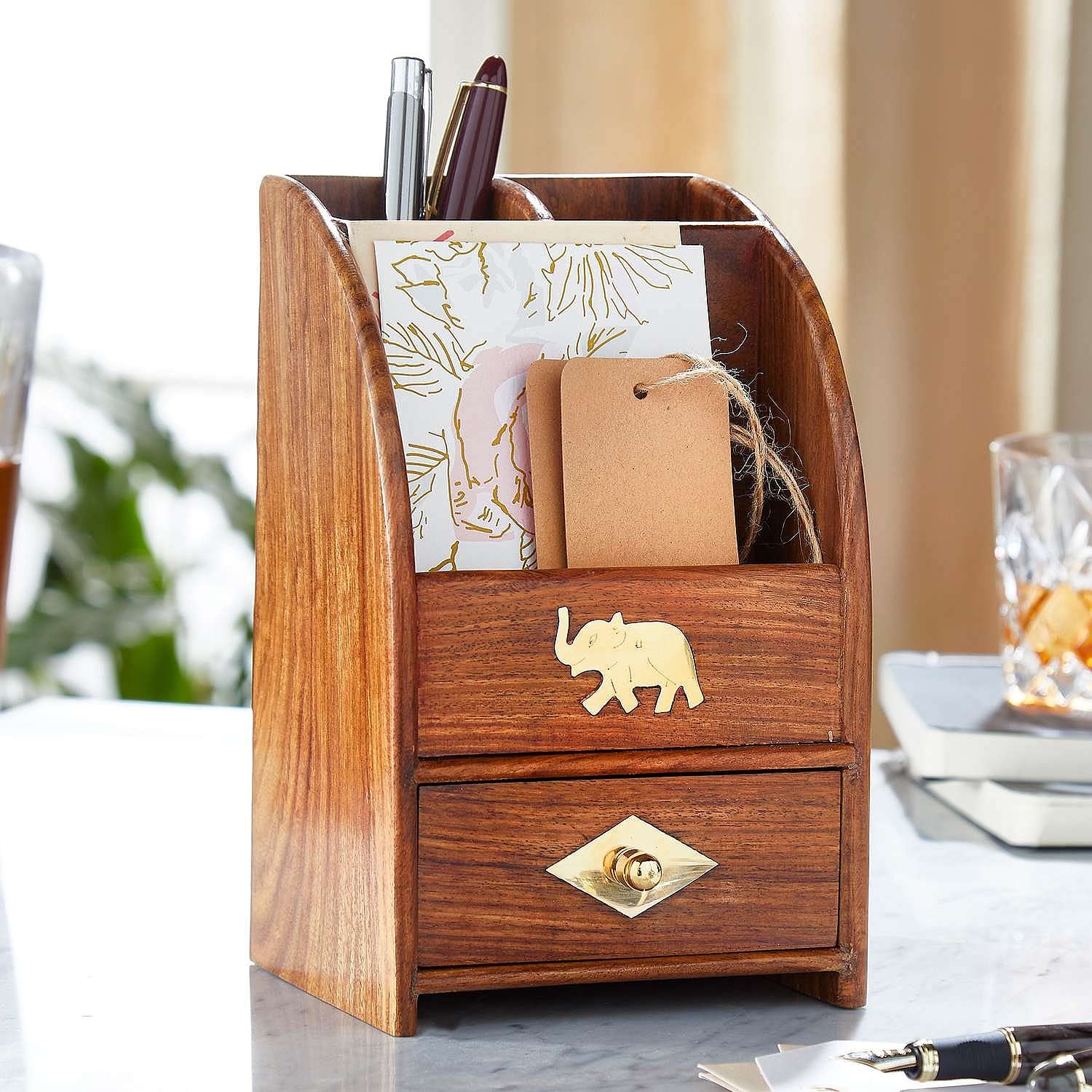 Coopers of Stortford Desk Organiser | Made from Sheesham Wood H20 x W12.5 x D10cm