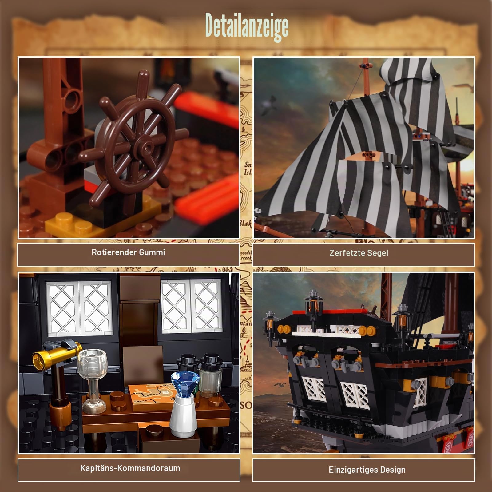 Spielzeug Baustein Set, Piratenschiff „Skeleton Adventure“ in normaler Größe, Normaler Größe, kreativer Schiffsbau Bausatz für Erwachsene Teenager Kinder 8+, 968 Teile