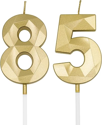 Velas de cumpleaños número 85 y 58 para tartas, color dorado número 85 58, 3D, velas en forma de diamante, decoraciones de cumpleaños, suministros