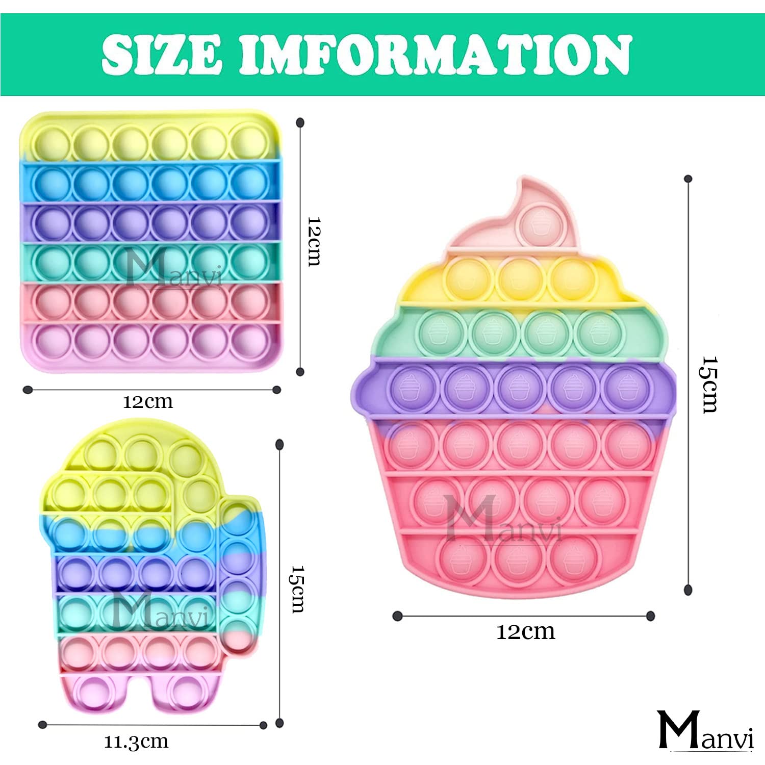 MANVI Fidget Toy for Kids, Small Pop it for Kids, Stress Relief for Adults, Different shape Popper for Kids- Multi color (Android, square, Shaker)