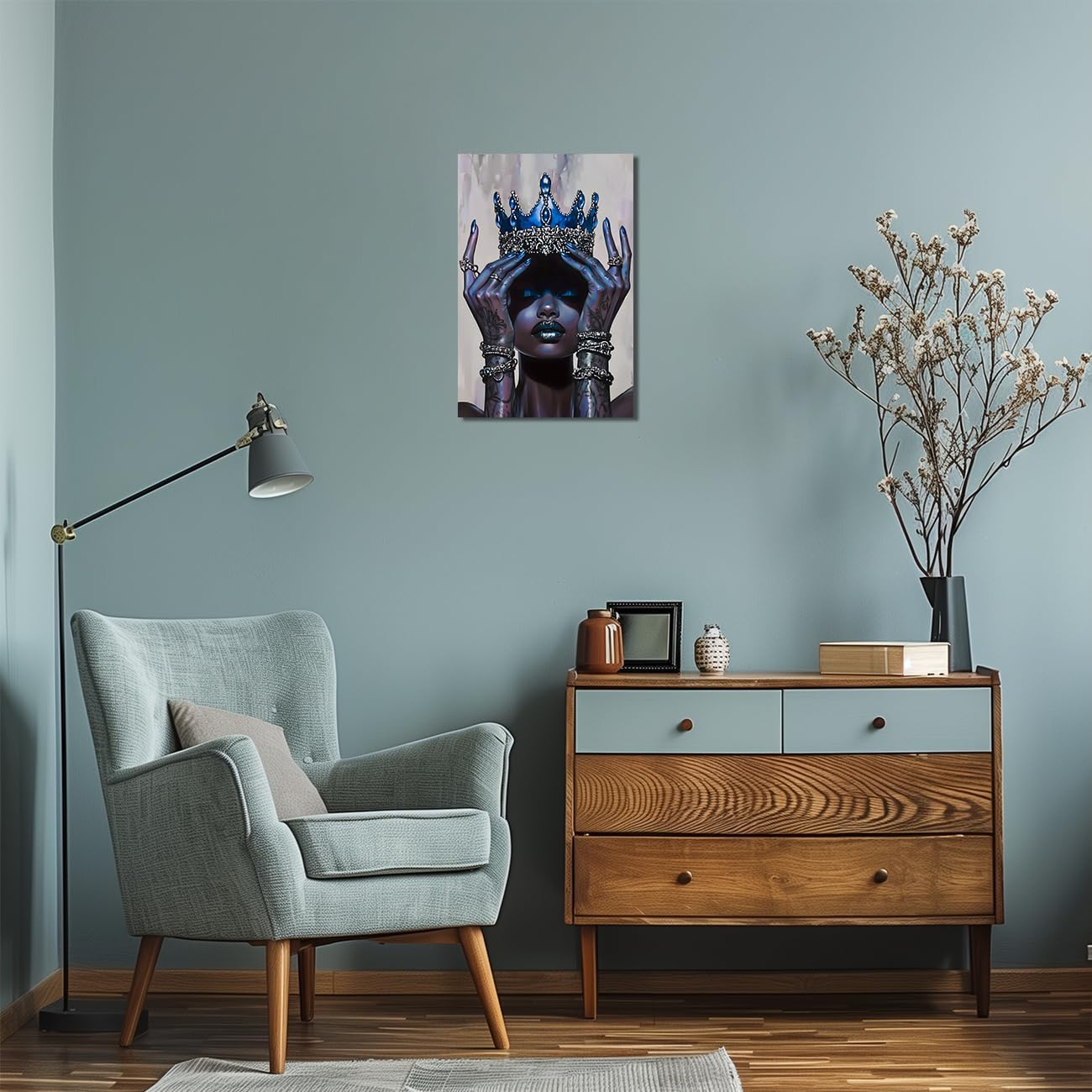 AWPANERAR African American Wall Art Black Woman Canvas Print African Queen with Crown Pictures Elegant Woman Painting Black Girl Poster Bedroom Decor Framed (Blue, (18L x 12W))