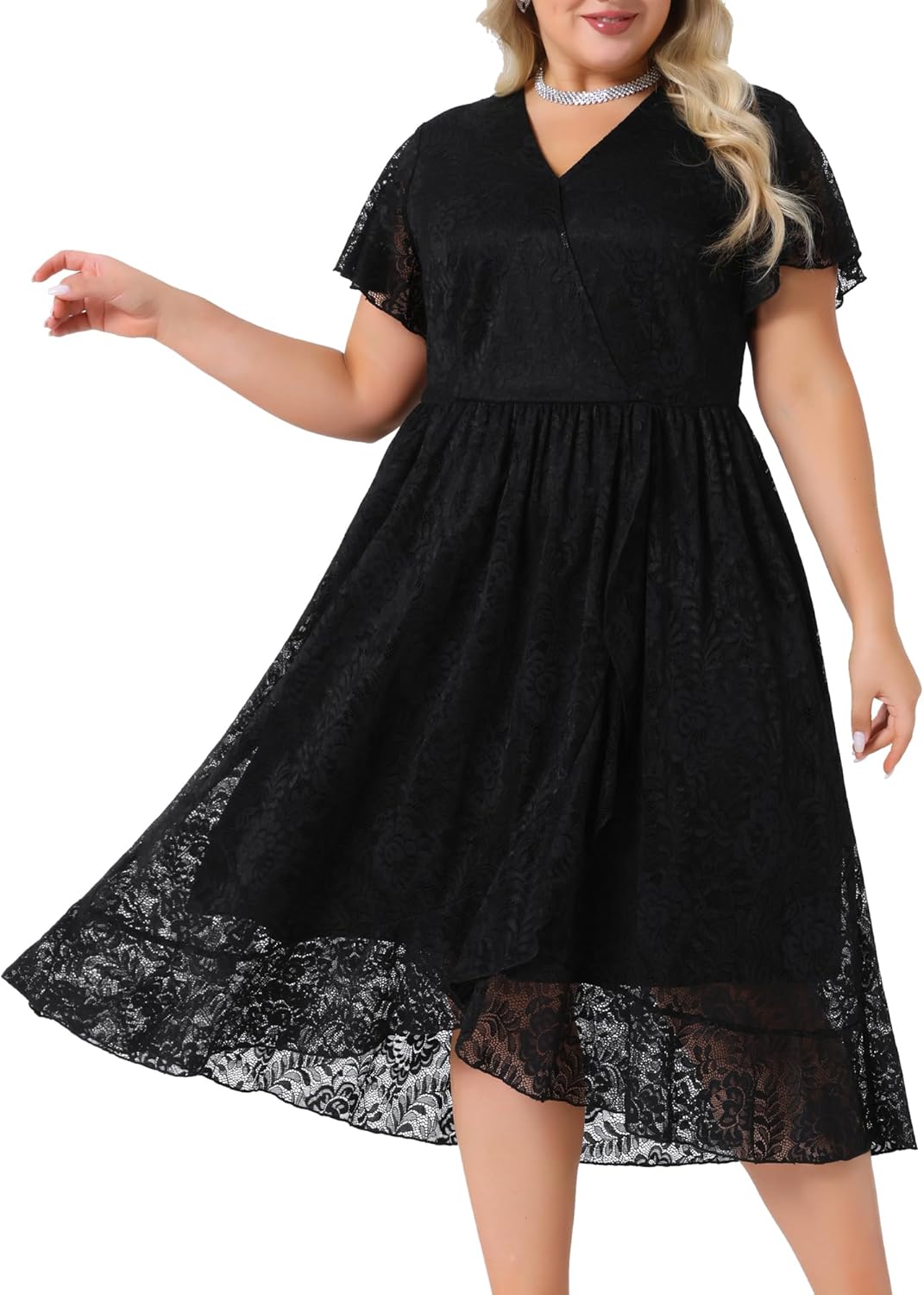 Agnes Orinda Womens Plus Size Lace Cocktail Dresses Faux Wrap V Neck Short Sleeve Flowy A Line Wedding Guest Midi Dress