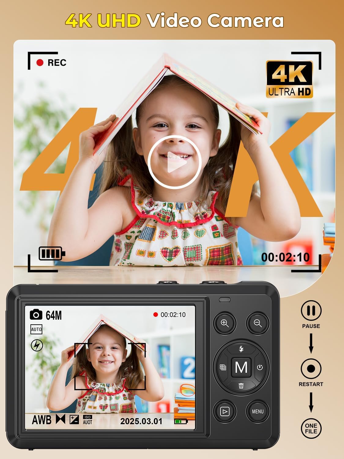 Fotocamera digitale 4K 64 MP, 2,8 pollici, UHD con messa a fuoco automatica | Scheda Micro SD e batteria, zoom digitale 16X, ricaricabile, fotocamere compatte portatili, per principianti e adolescenti