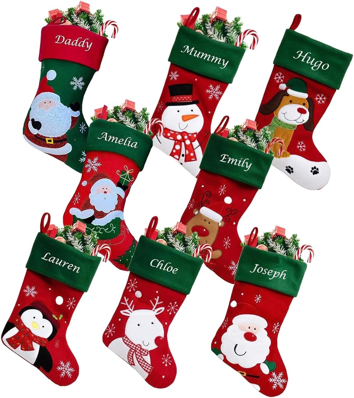 Personalised Family Christmas Stockings Custom Red and Green Embroidered Christmas Stocking w/ Name Satin Lining - Choose Design for your Personalised Stocking Christmas Decorations Kids (Dog)