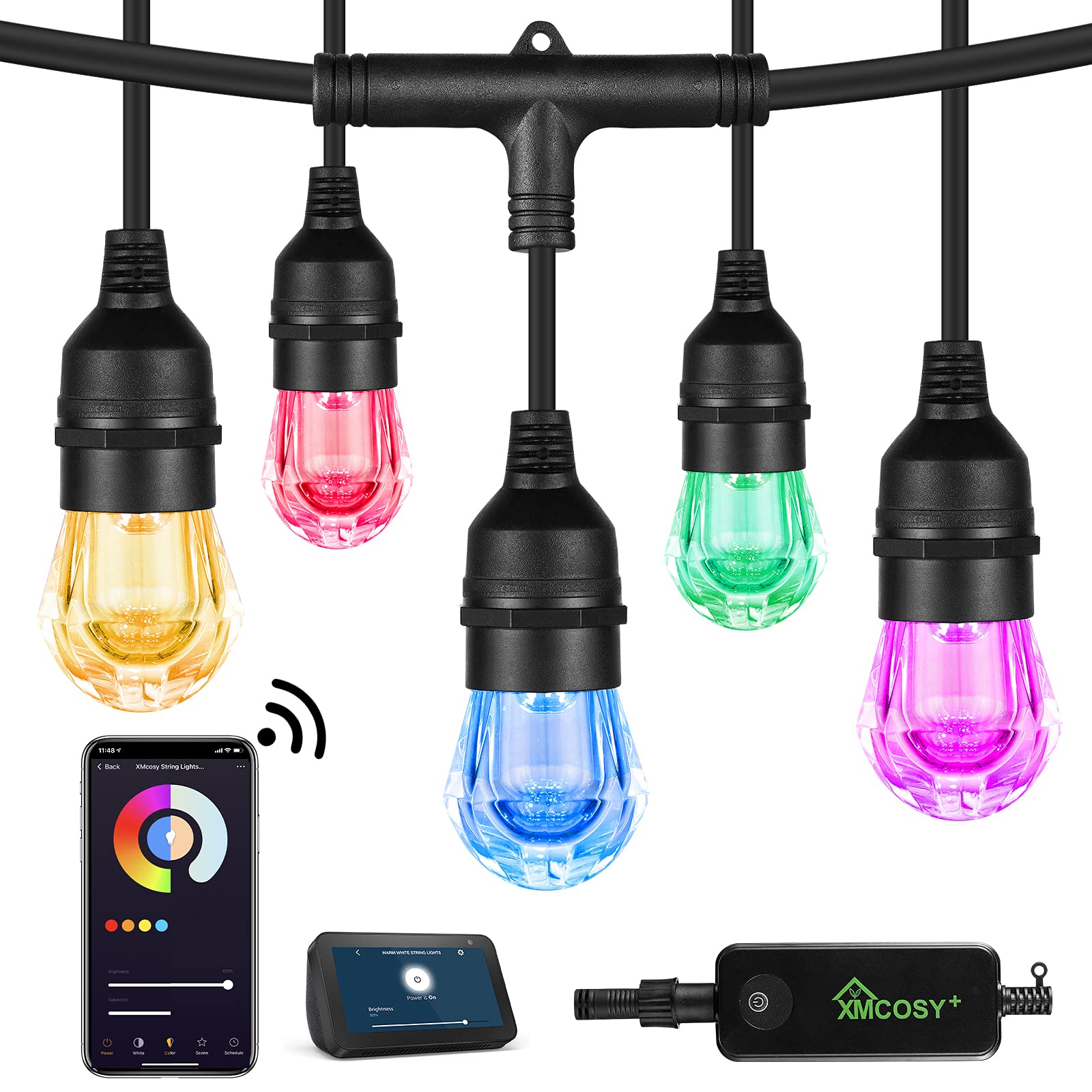 XMCOSY+ Outdoor String Lights 32ft, Smart Patio Lights RGB & White Color Changing String Lights, Wi-Fi App Control, 12 Shatterproof Acrylic Bulbs String Lights, Compatible with Alexa, IP65 Waterproof