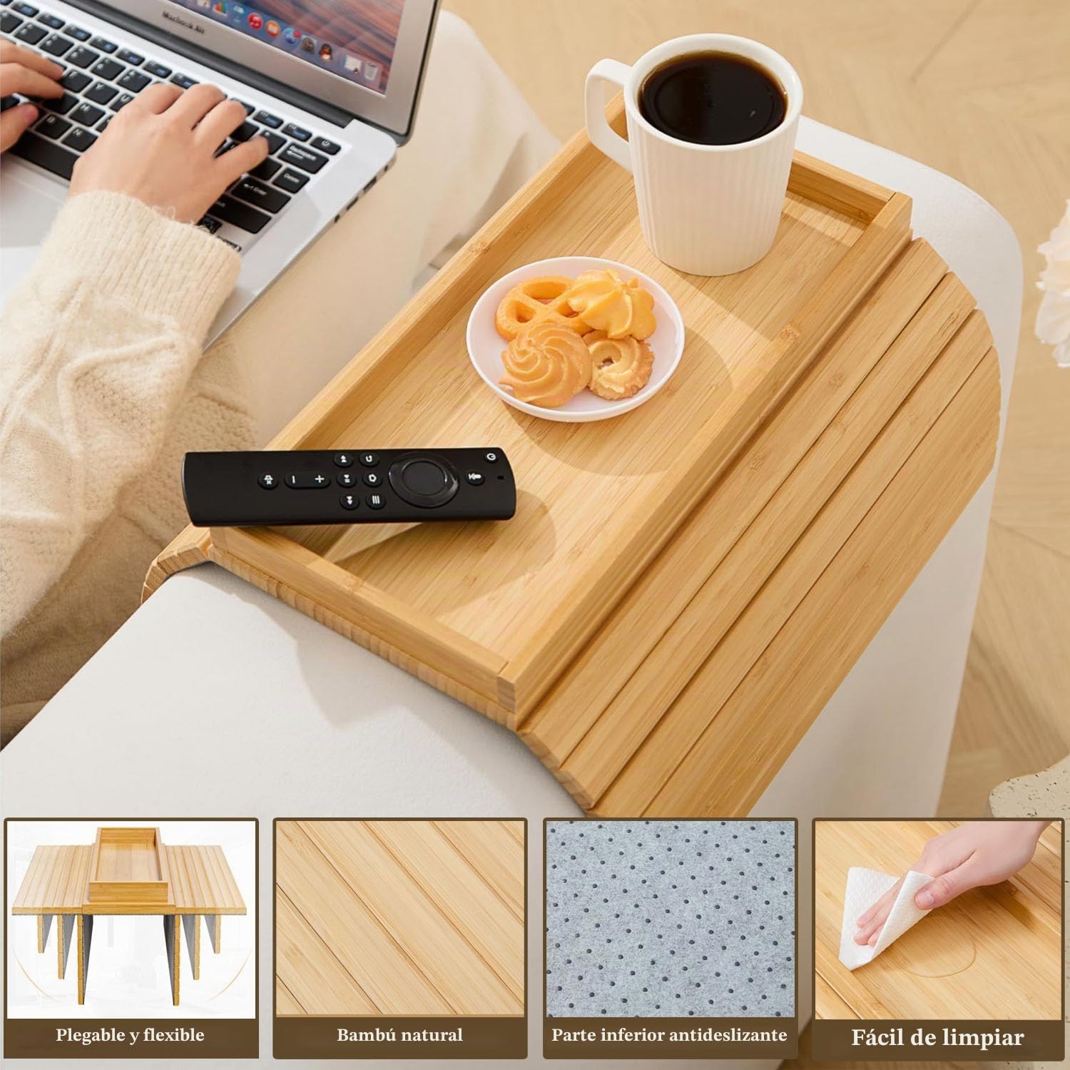 Bandeja para sofá, bandeja plegable de bambú, antideslizante, reposabrazos, mesa para aperitivos, tazas de teléfono móvil