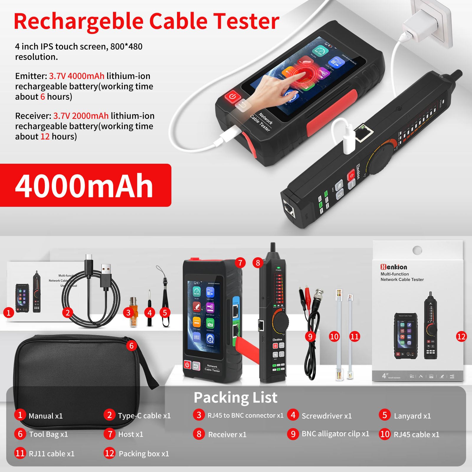 Henkion Testeur Câble Réseau RJ45 Professionnel avec Écran IPS 4", Ethernet Tester Rechargeable, Outils Réseau, Détection POE++, Mesureur de Longueur de Câble, Test TDR RJ45, NCV, Alimentation PD, FTP