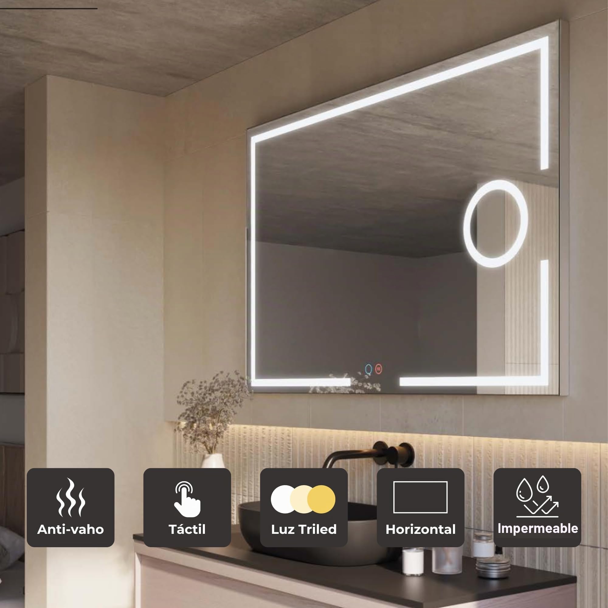 NOLUXA LEDIMEX - Espejo Baño 90x80cm con Luz LED, Antivaho y x3 de Aumento | Espejo Inteligente con Luz Frontal Tri-LED (Cálida, Neutra y Fría), Regulador de Intensidad y Sensor ON/Off | Serie Malta