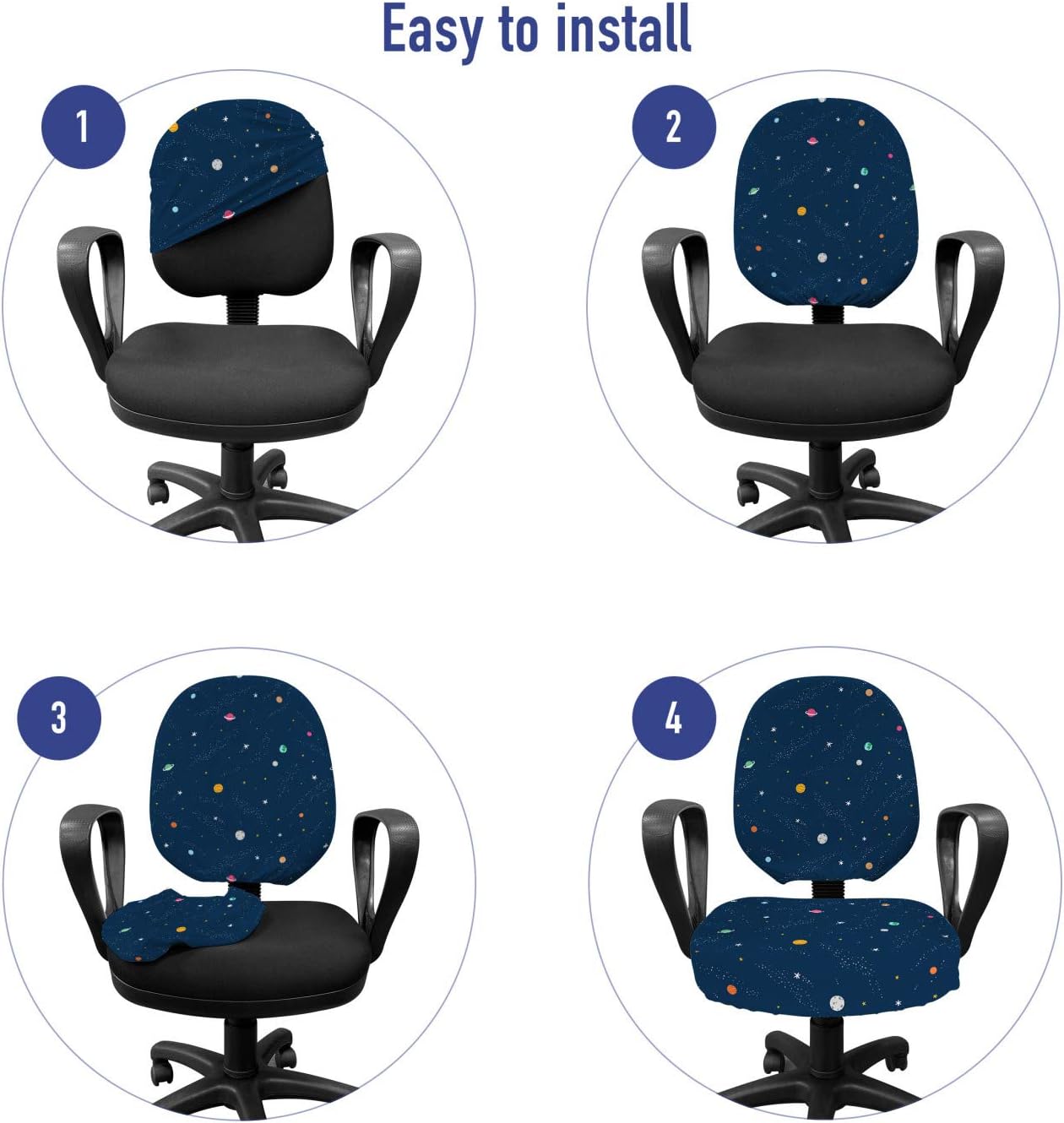 Lunarable Outer Space Office Chair Slipcover, Solar System Themed Cartoon Planets Hand Drawn Science Fiction Final Frontier, Protective Stretch Decorative Fabric Cover, Standard Size, Navy Yellow