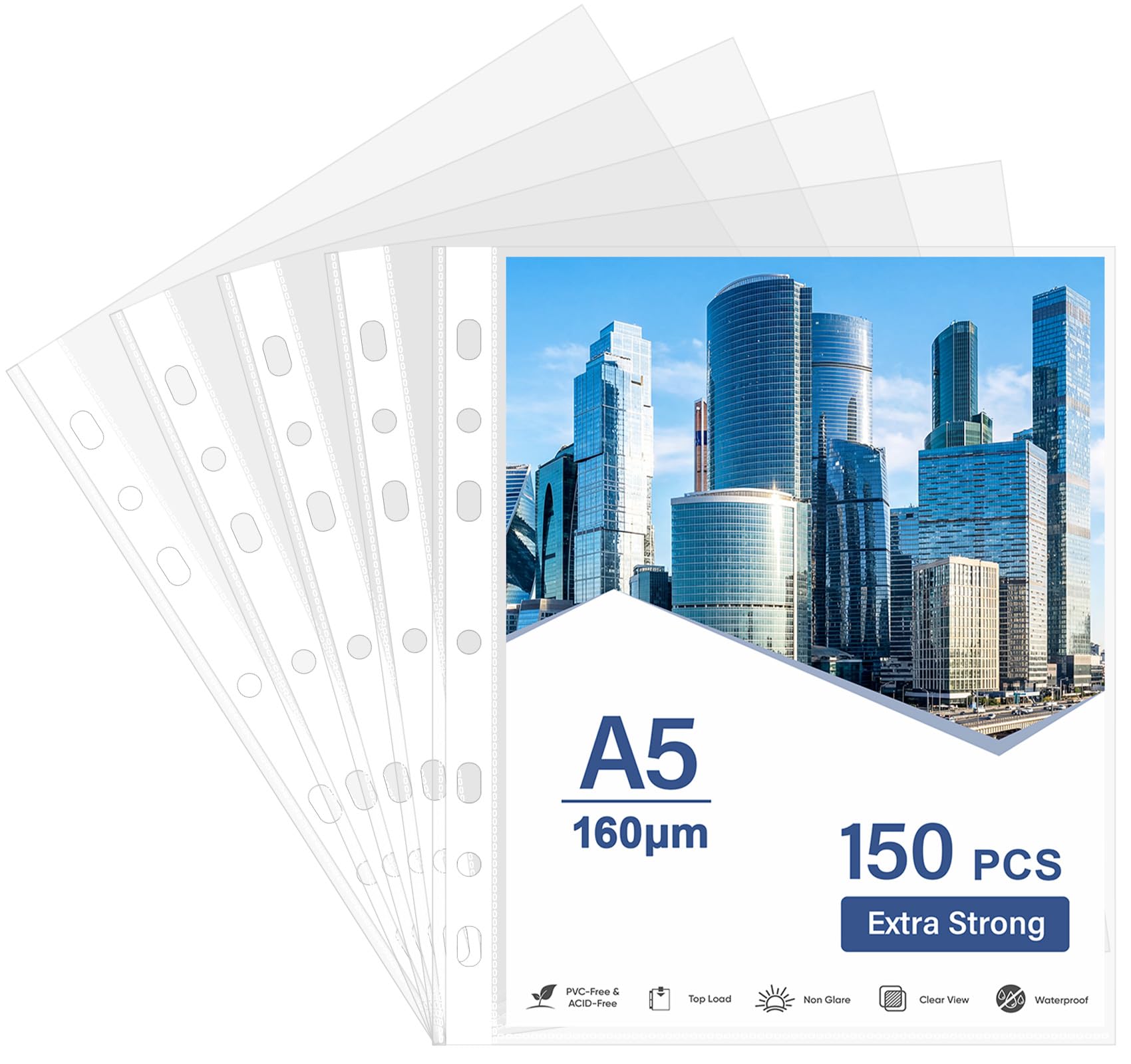 Agoer 150 Pack A5 Punched Pockets,160 Micron Clear Plastic Sleeves,Extra Strong Poly Pockets,7-Hole Top Opening Document Wallets for Ring Binders Office School Home