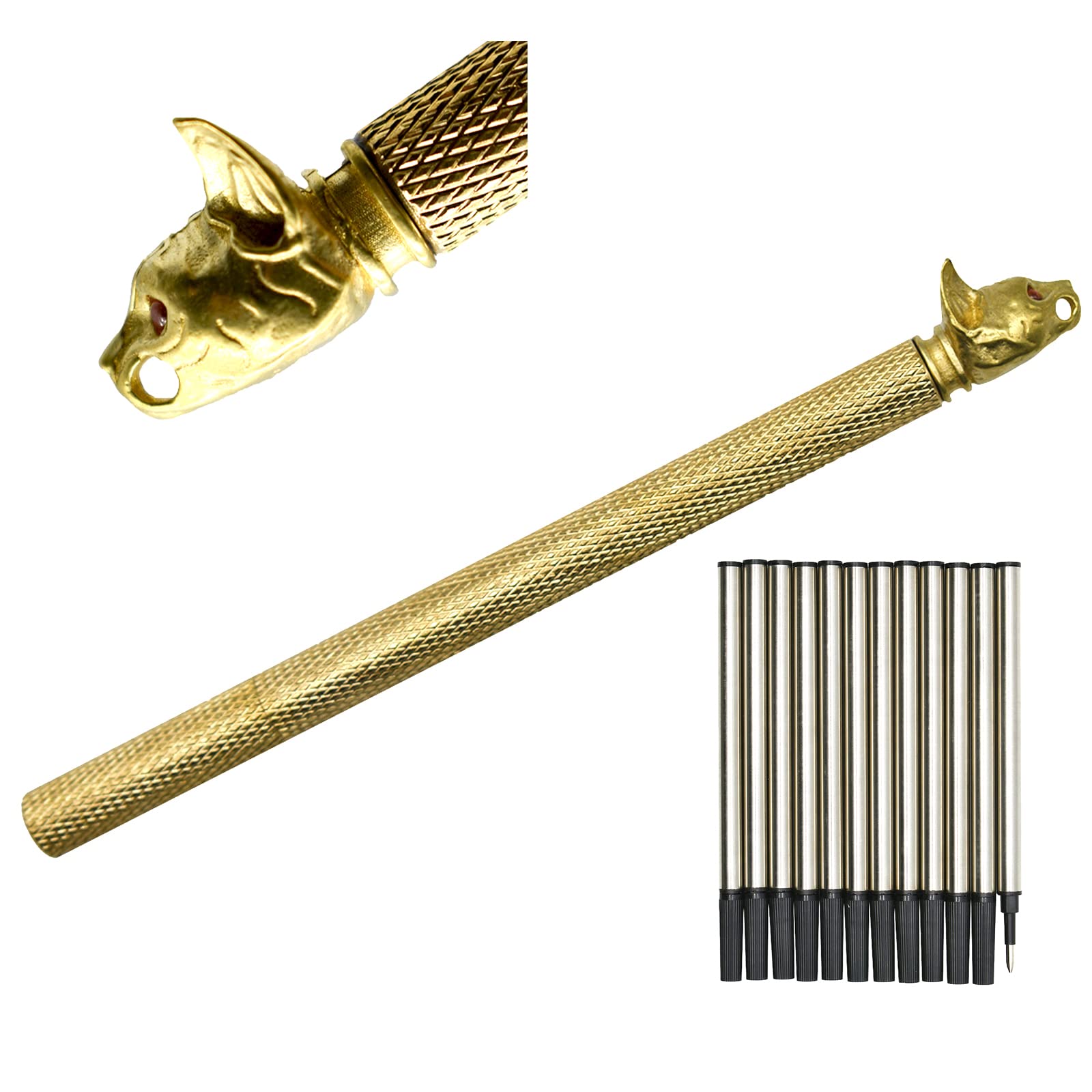 Lopenle Solid Brass Pen Novelty Cat Pens Metal Animal Gel Pens Cat Head Pen with 12 PCS Replaceable Refills For Men or Women Office Family Gifts