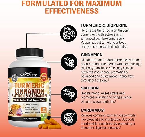 Miniatura 4 de Suplemento de cúrcuma con azafrán, canela y cardamomo más extracto de pimienta negra BioPerine para una absorción óptima, suplemento natural de