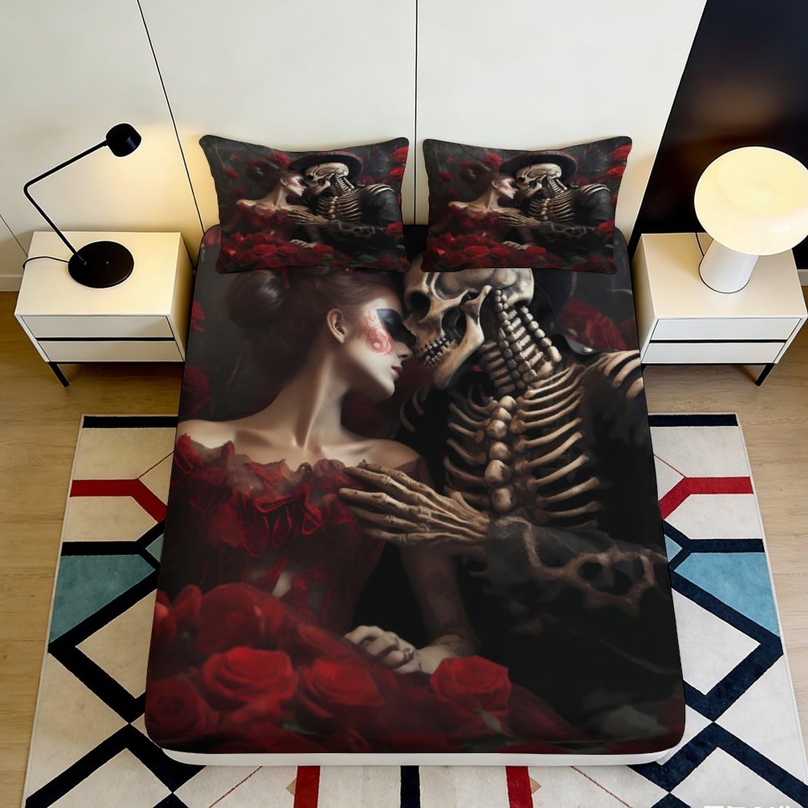 Uynsixtme Style-3 3D Printed Skeleton Roses Fitted Sheet Microfiber Non-Slip Deep Pocket Skeleton Roses Mattress Fitted Cover Washable Bedding 90X200x25cm