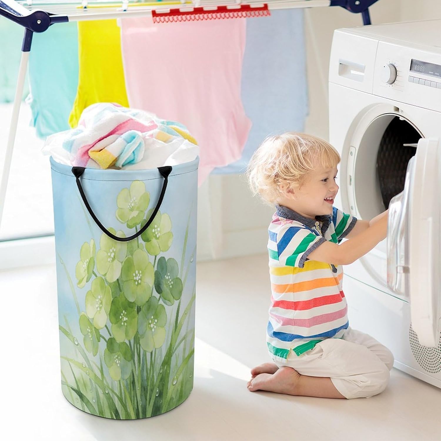 Green Floret Laundry Hamper Portable Lightweight Clothes Hampers Fashion Dirty Laundry Storage Basket Large Capacity Foldable Clothes Baskets for Bathroom Bedroom