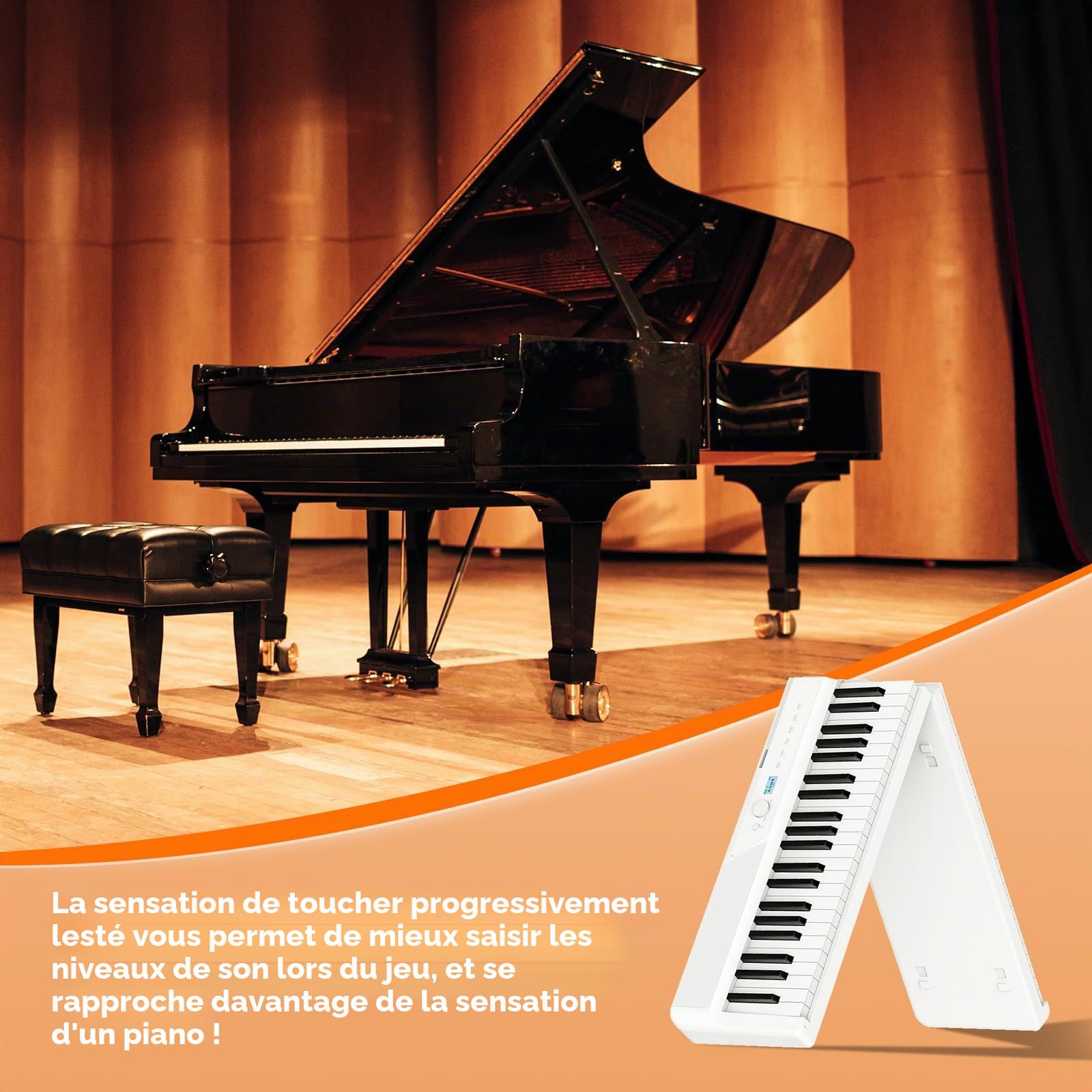 TERENCE Piano numérique 88 touches - 30 W - Haut-parleur AR - Système audio - Piano électronique pliable - 4 effets de réverbération - Capteur miroir - Interfaces MIDI