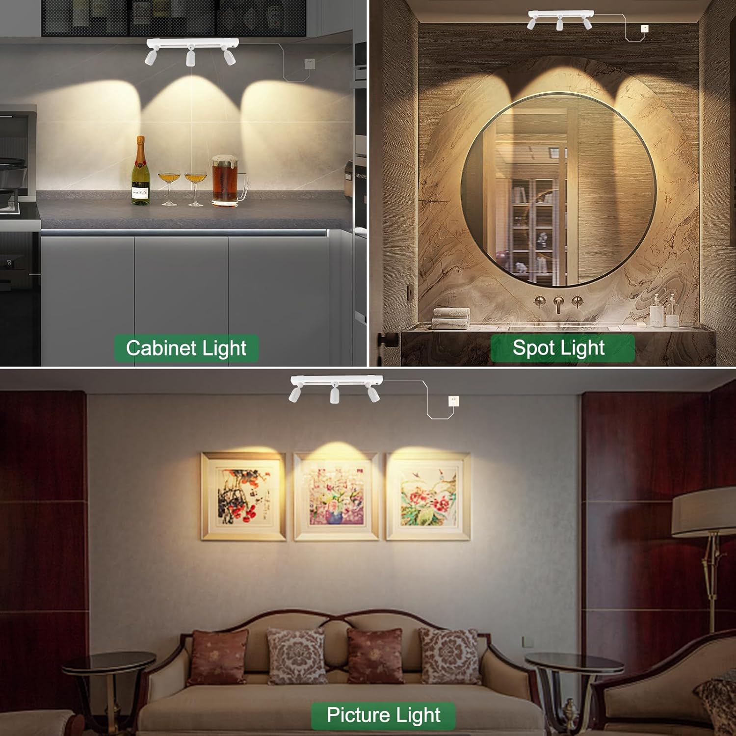 LUXSWAY LED Track Light Plug in Spotlight with Remote and 3 Adjustable Light Heads, Dimmable Under Cabinet Track Lighting for Indoor Artwork, Picture, Closet, Cabinet