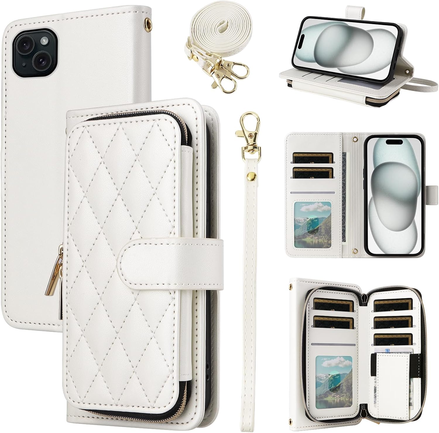 Wallet Case for iPhone 14 Plus 6.7 inch with Wrist Strap, Shoulder Strap, 9+ Card Slots Leather Stand Cell Phone Cover for i-Phone 14+ iPhone14Plus 5G i i14 + iPhone14 14Plus Women White