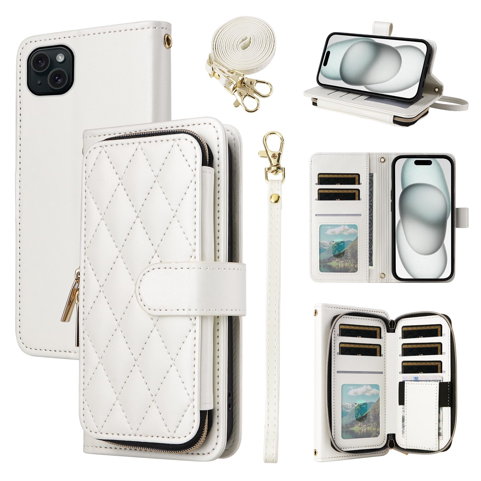 Furiet Compatible with iPhone 15 6.1 inch Wallet Case with Wrist Strap, Shoulder Strap, 9+ Card Slots Zipper Purse, Leather Stand Cell Phone Cover for