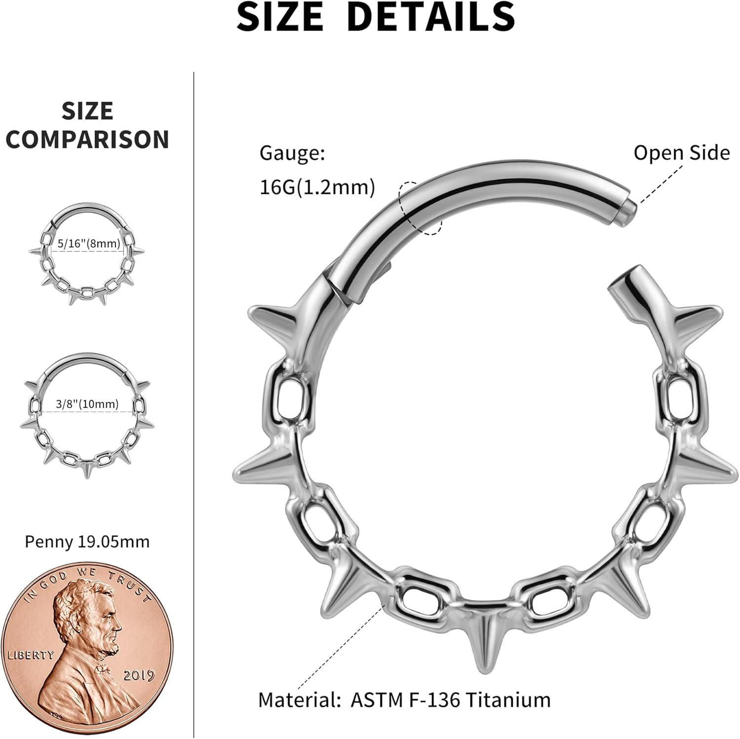 FINE4U ASTM F136 Titanium Nose Ring Hoop 16G 8mm 10mm for Daith, Septum, Cartilage Earring - Image 2