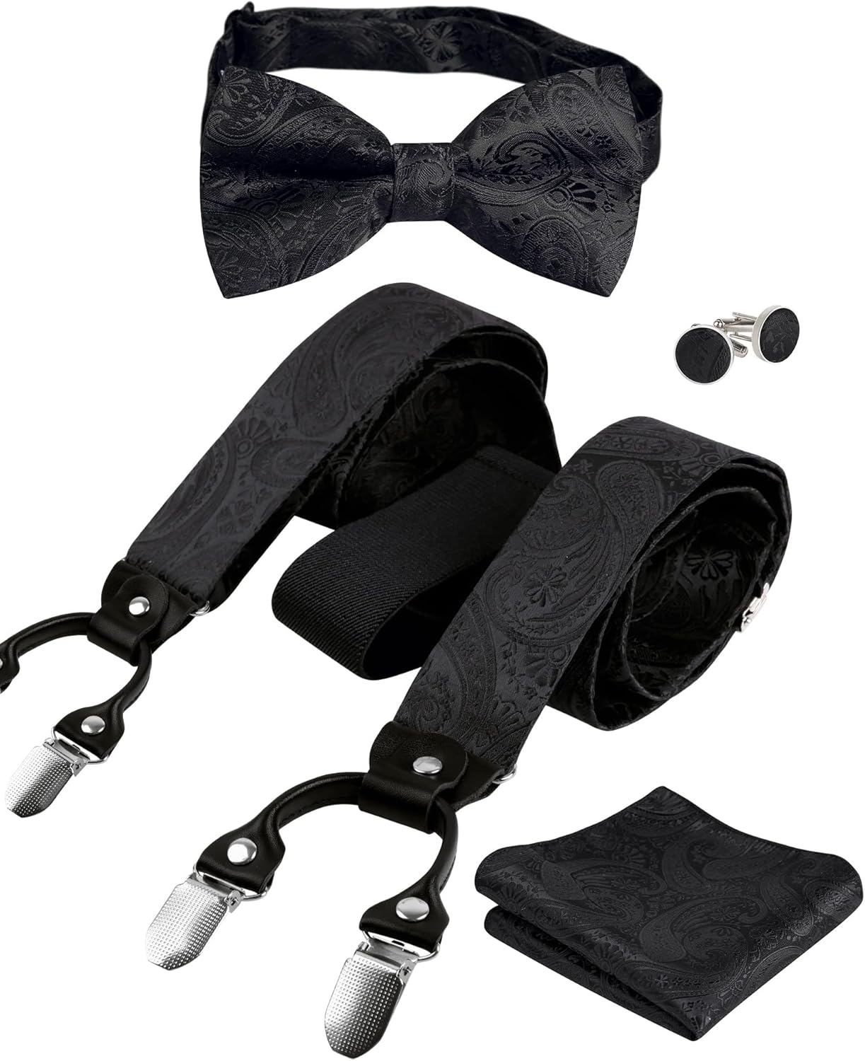 Alizeal Mens Paisley Suspender and Bow Tie, Hanky, Cufflinks