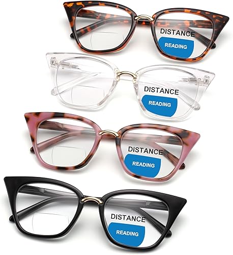 Paquete de 4 lentes de lectura bifocales para mujer, diseño de ojo de gato, de gran tamaño, bloqueo de luz azul, lectores de computadora con bisagra