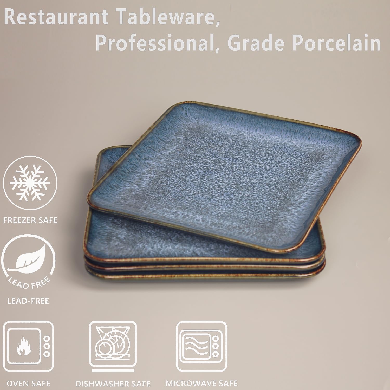 Lot de 4 assiettes à dîner en céramique - Passe au four à micro-ondes et au lave-vaisselle - Résistantes aux rayures - Assiettes carrées de 22,9 cm - Bleu